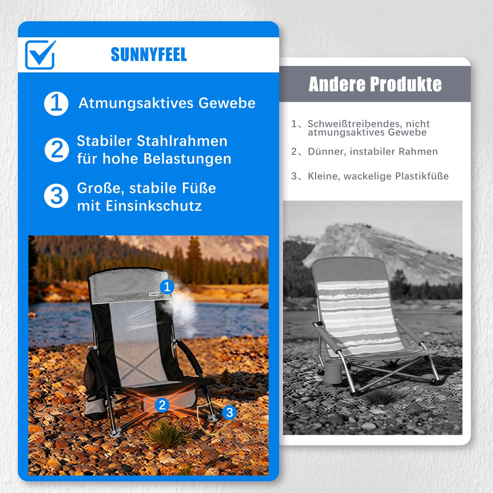 SUNNYFEEL Strandstuhl Klappbar Leicht,Campingstuhl mit Hochlehner,1 Stück