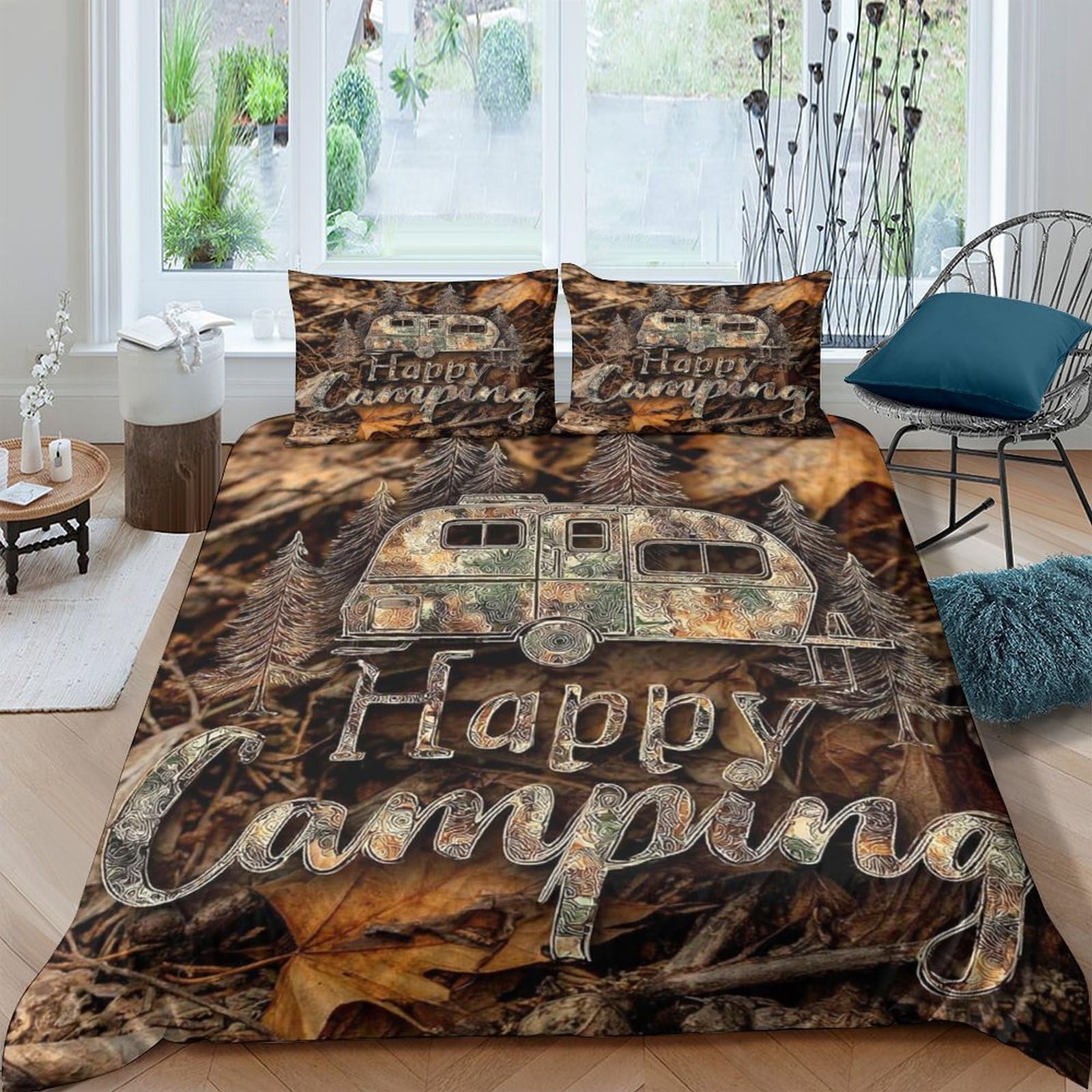 GPLZQXKJNH 3D Printed Camper Trailer Duvet Cover Set Microfiber Soft Brown Forest Camo Happy Camping Bedding with 2 Pillowcases for Bedroom Single（135x200cm）