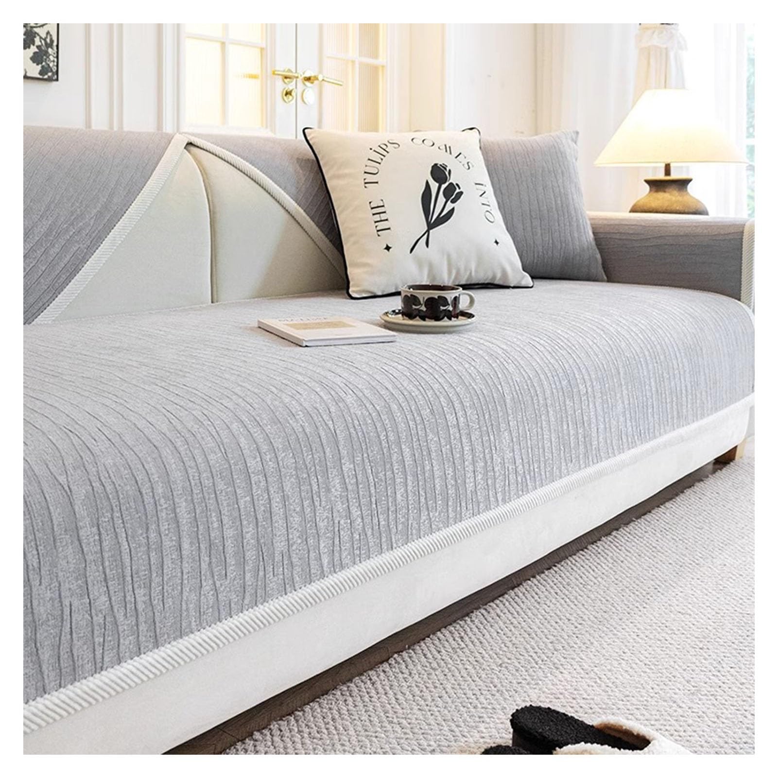 DDS22E Washable Chenille Sofa Blanket, Plush Super Soft Furniture Cover with Anti-Slip Latex Particles,(Grey,90 * 160cm)