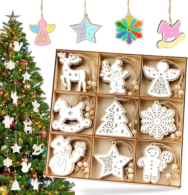 AQhui 27pcs Wooden Christmas Ornaments Wooden Baubles Crafts for Kids,Wooden Tree Decorations, Unfinished Wooden Christmas Decorations to Paint, Kids DIY Xmas Christmas Tree Wall Hanging Decorations