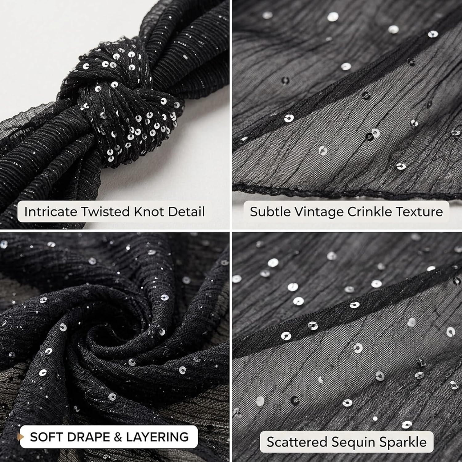 Black Rave Scarf, Black Sequin Mesh Head Scarf for Evening Events and Beach Cover-Ups, Lightweight Sheer Shawl for Daily Wear and Travel, Versatile Fashion Accessory image 3