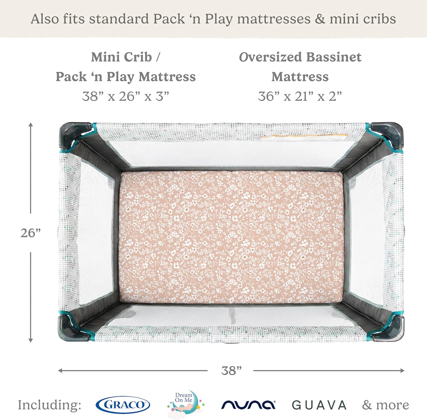 Pack and Play Sheets Fitted, Mini Crib Sheets for Graco Pack N Play Playard (38x26), Ultra Soft Organic Cotton Blend, Safe & Snug Playpen Mattress Sheet for Baby Boys & Girls – Fleurette, 2-Pack