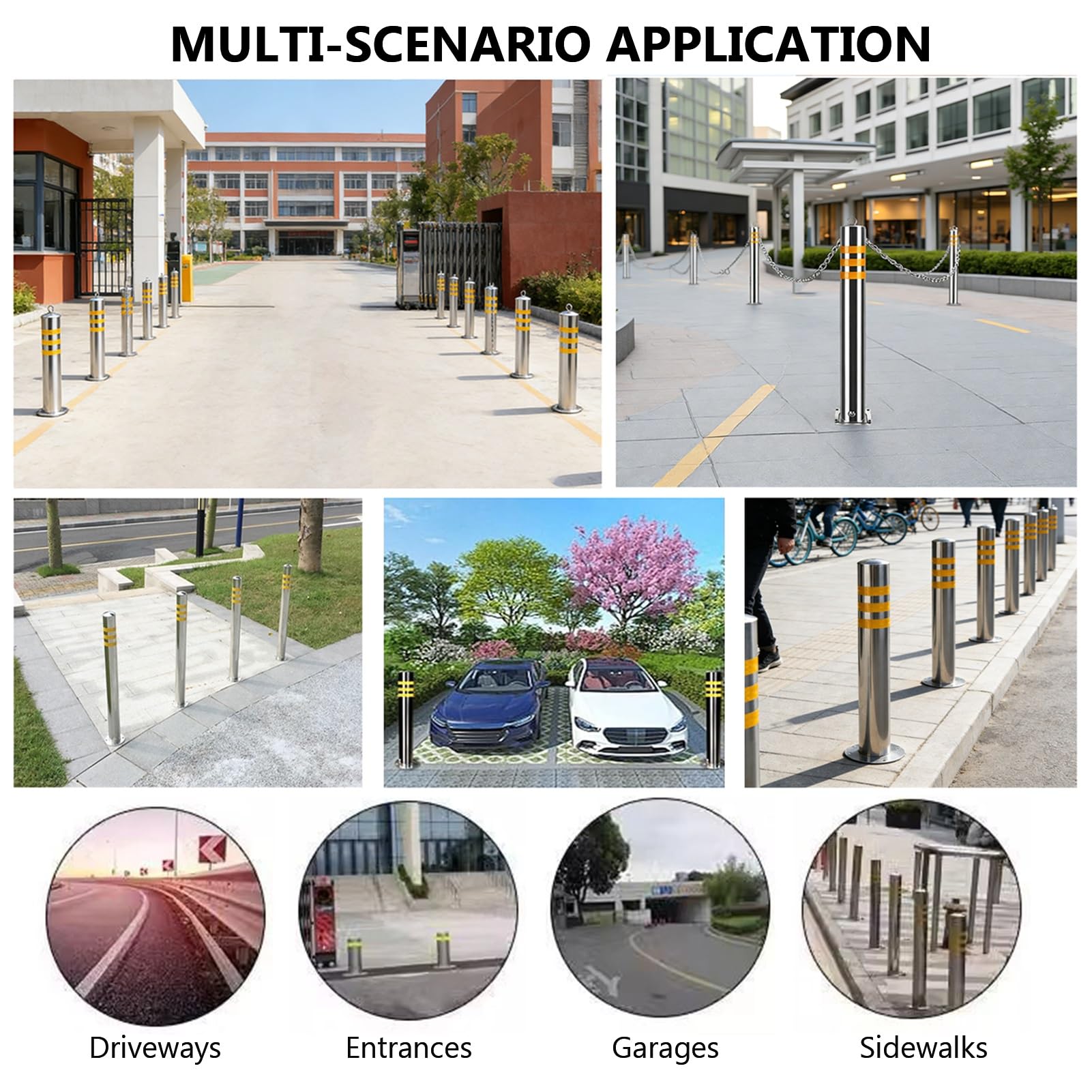 Generisch 2er-Pack Edelstahl-Parkpoller für den Außenbereich, Feste Sicherheitsbarrierenpfosten mit reflektierenden Bändern und Spreizdübeln zur Kollisionsverhütung (39,4 x 3,5 Zoll)