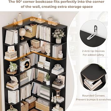 FirFurd Bookcase Black Corner Bookshelf 6-Tier L Shaped Bookcase 185cm Tall | L Shaped Book Shelf with 18 Open Stoarge Compartments, Tall Dispaly Shelf for Living Room Home Office, 185x84x80cm