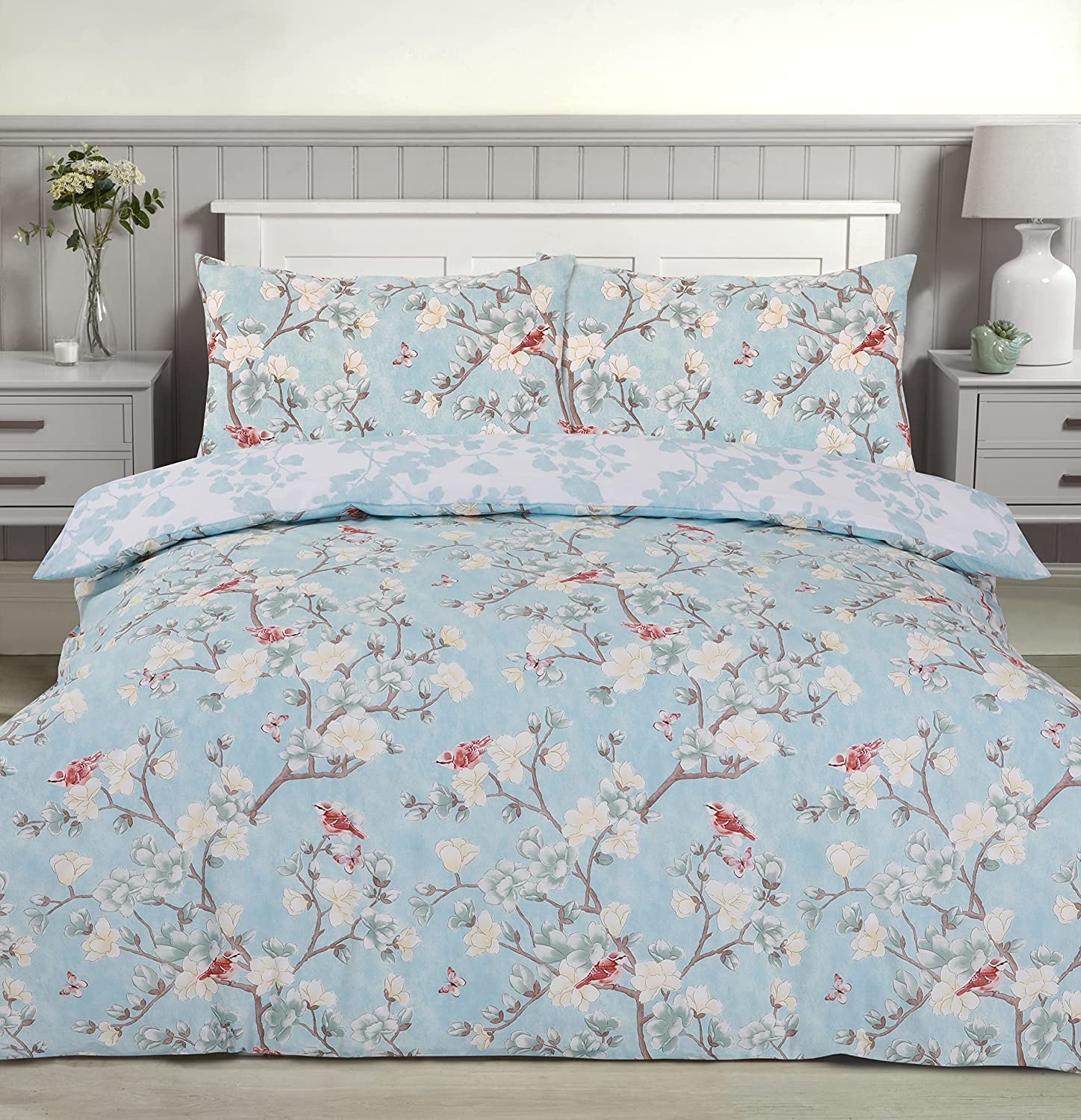 Night Comfort Chinoiserie Birds - Light Blue Double Duvet Cover Set – Modern Printed Polycotton Duvet Cover With 2 Pillowcovers – Easy Care Bedding Set