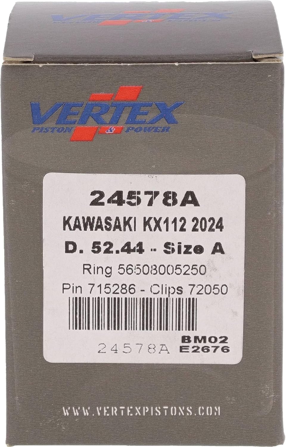 Vertex 24578A Cast Replica Piston Kit Compatible With/Replacement For Kawasaki KX 100 2014-2021, KX 112 2022-2024 13001-0833 STD Compression Ratio, 52.500 mm Cylinder Diameter, 112 cc Displacement