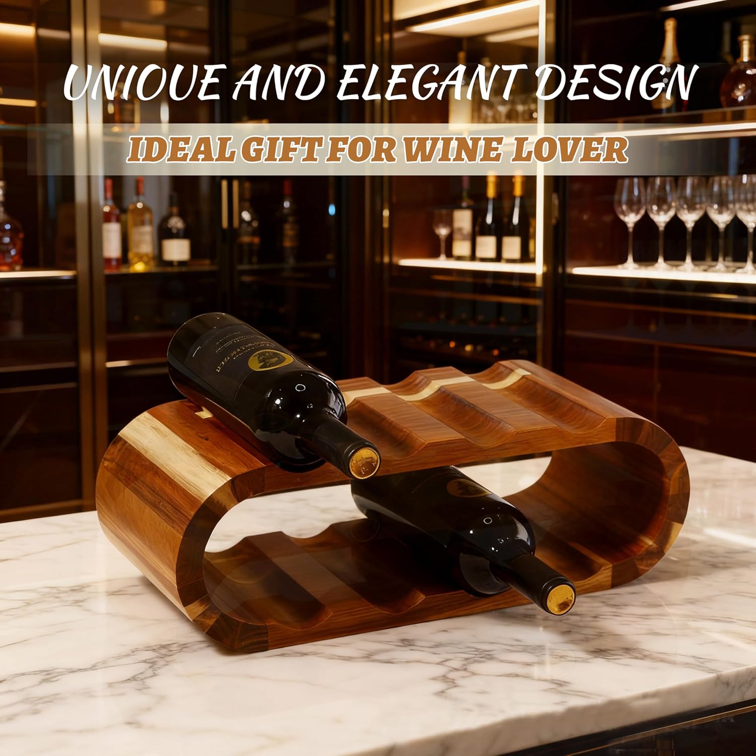 Classic Wooden Wine Rack – 8-Bottle Acacia Wine Holder Stand – Freestanding Wine Storage – Great for Home Decor No Assembly Required.