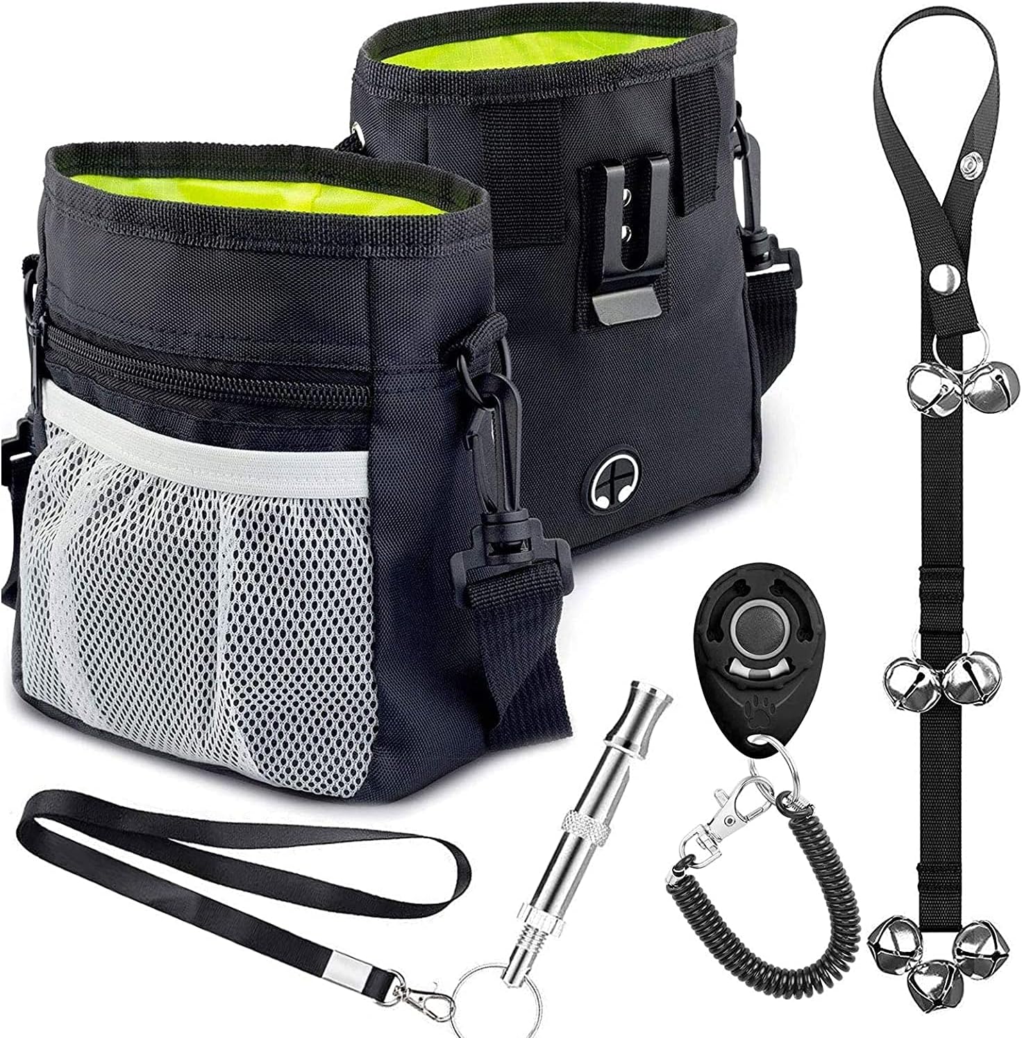 Newthinking Dog Walking Treat Bag, Dog Treat Pouch with Adjustable Waist Belt, Dog Walking Treat Accessories Including Dog Clicker, Whistle and Pet Doorbell, Black