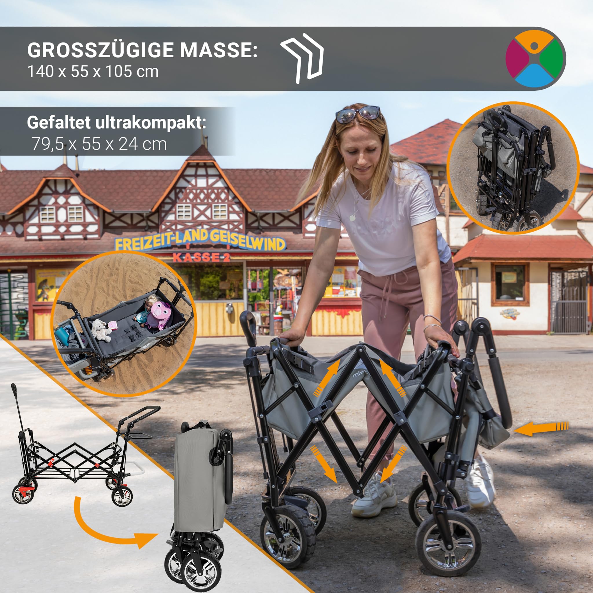 Miweba Faltbarer Bollerwagen MB-20 | Sonnendach UV-beständig - 2X Anschnallgurte - Transportwagen für Kinder - Traglast 100 Kg - Wagen - Feststellbremse - Hartgummireifen (Grau)