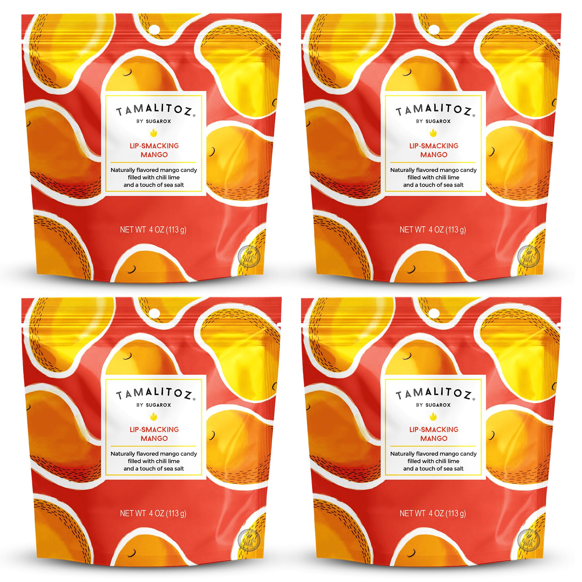 Tamalitoz Lip-Smacking Mango – Spicy Mango Mexican Hard Candy Filled with Chile, Lime & Sea Salt Center, Handcrafted Fruit Candy, Gluten-Free, Kosher, No Artificial Colors – 4 Bags (4oz Each)