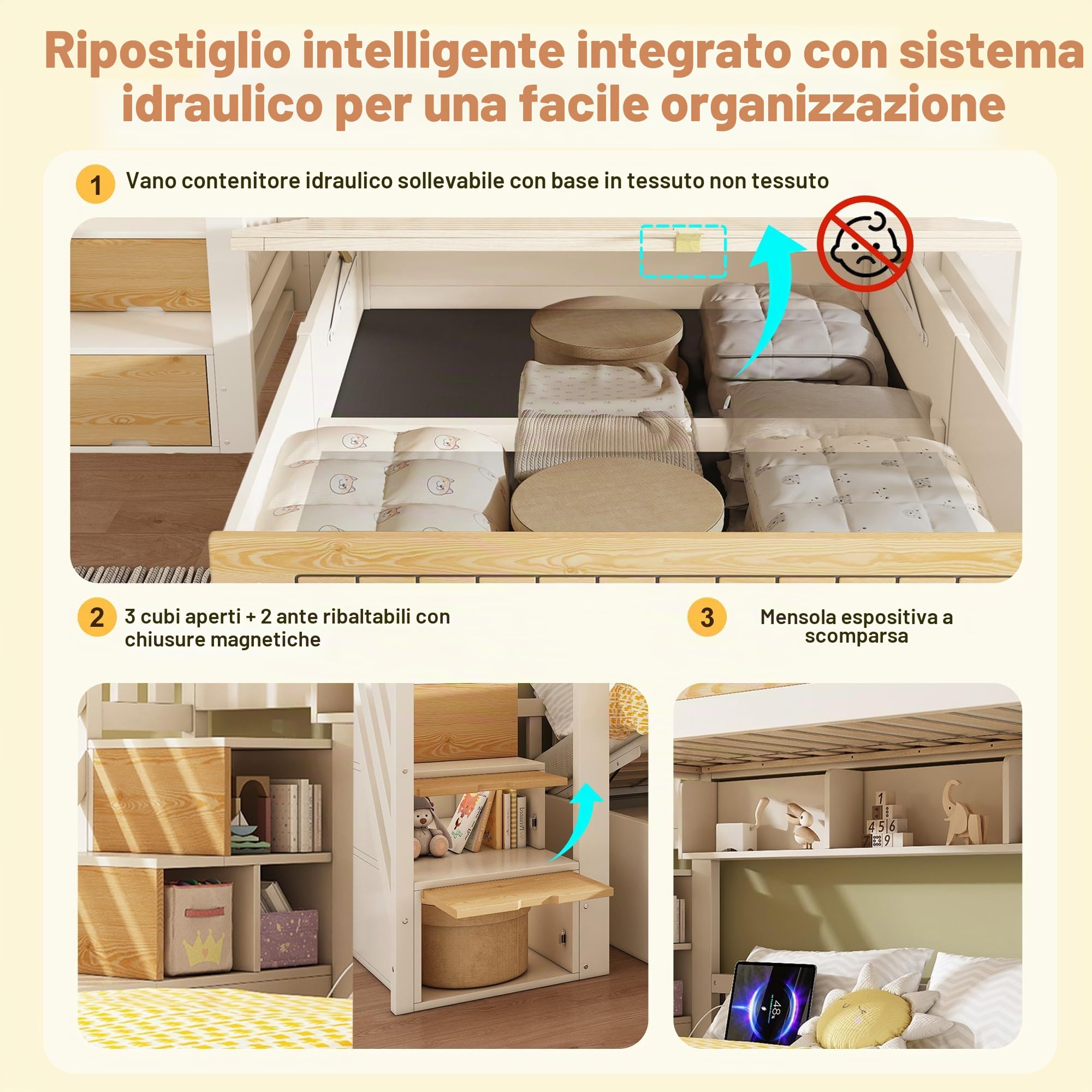 Letto a Castello per Bambini 90x200 e 140x200cm con Contenitore Idraulico, Porta USB-C, Scala di Stoccaggio e Mensole Sospese, Struttura del letto in Legno(Senza materasso)
