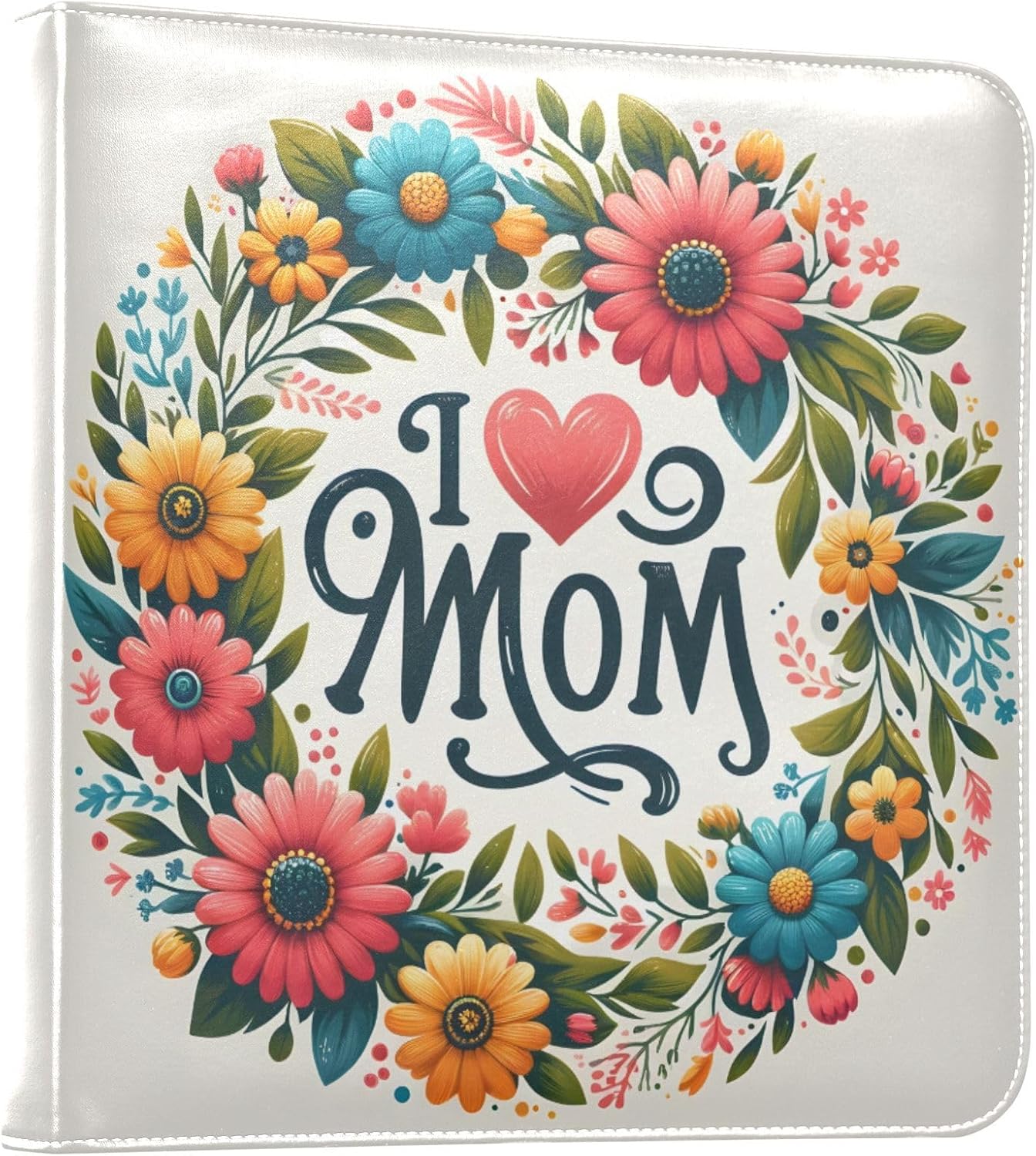 JIPONI I Love Mom Floral Hoop Large Photo Album, DIY Leather Cover Scrapbook Albums for 4x6 5x7 6x8 Pictures, Self Adhesive Memory Book for Wedding, Baby, Family