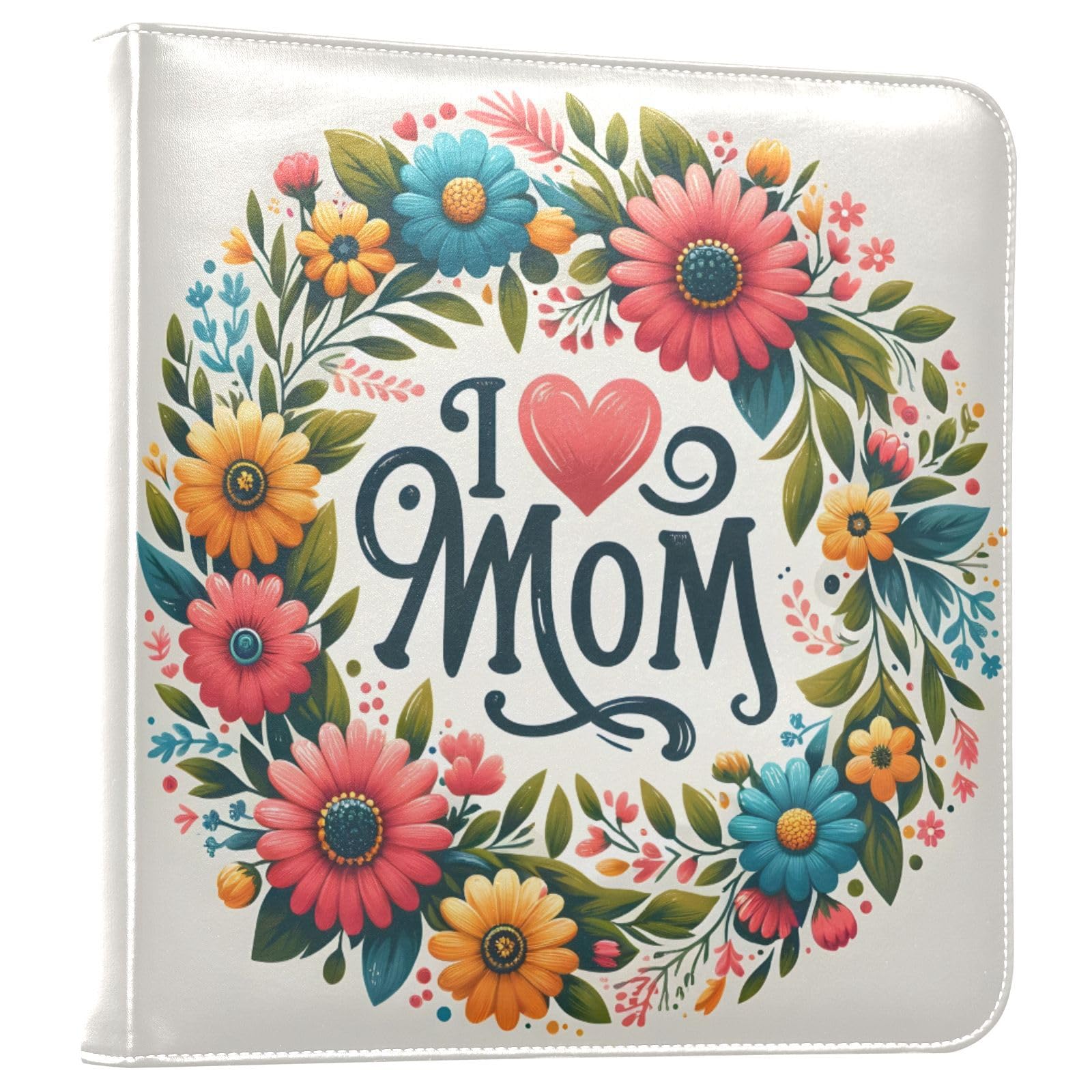JIPONI I Love Mom Floral Hoop Large Photo Album, DIY Leather Cover Scrapbook Albums for 4x6 5x7 6x8 Pictures, Self Adhesive Memory Book for Wedding, Baby, Family