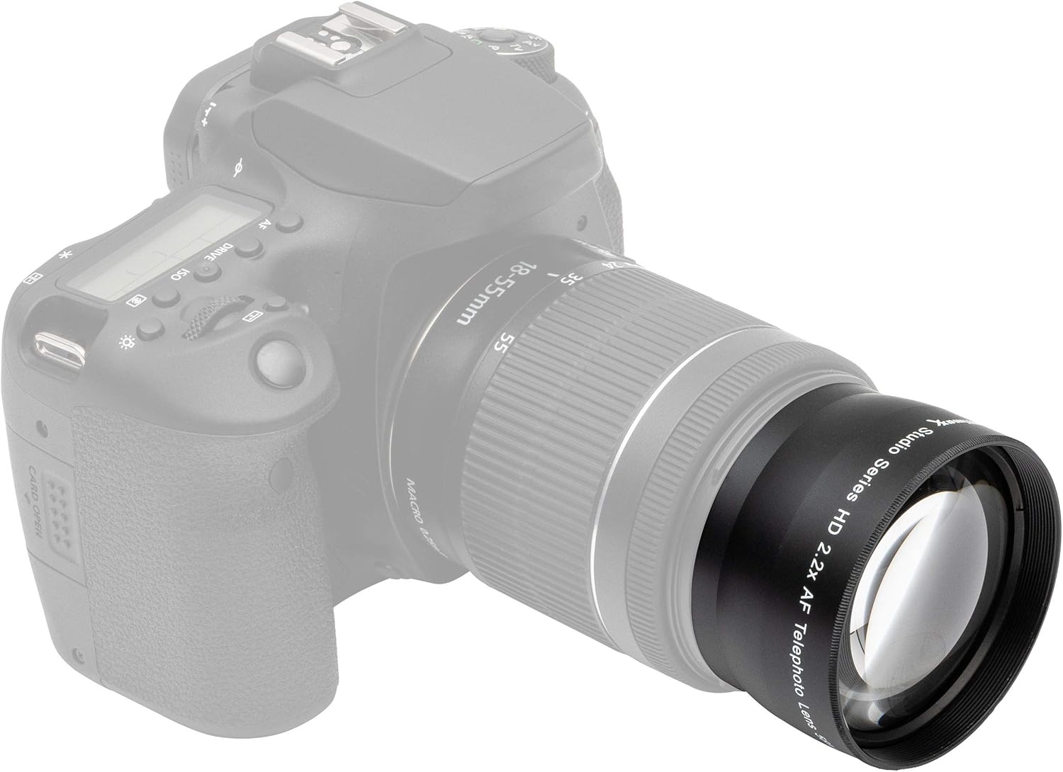 Ultimaxx 2.2X Telephoto Lens attached to a camera lens, side view