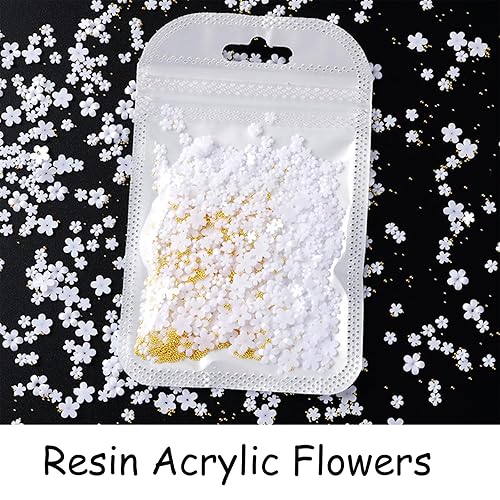 Miniatura 2 de 200 dijes de flores acrílicas blancas 3D para uñas, dijes de flores acrílicas blancas con cuentas doradas, cuentas de metal de tamaño mixto,