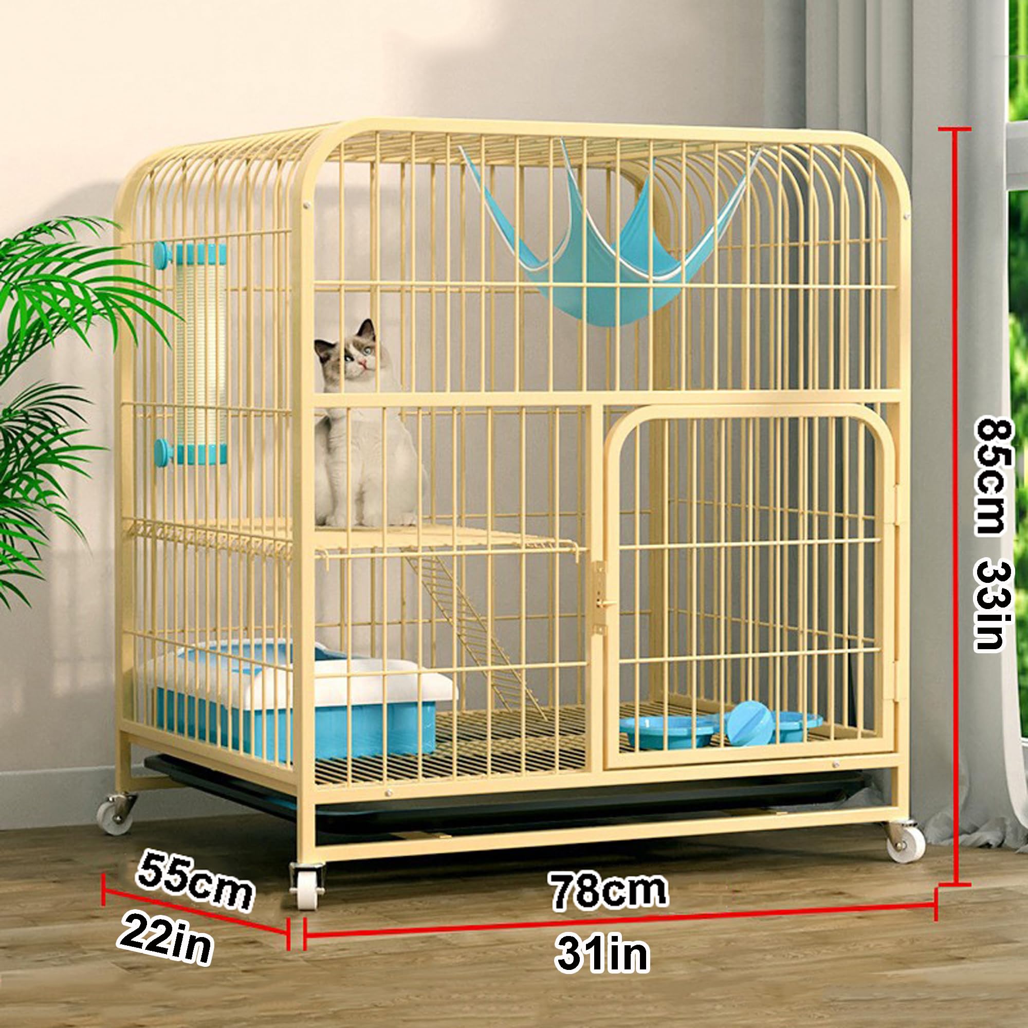 Gabbia per gatti con rotelle rotanti a 360°, recinto per gatti, casetta per gatti con vassoio rimovibile, rampa, scale, gabbia in metallo per piccoli animali, balcone, per interni ed esterni, facile