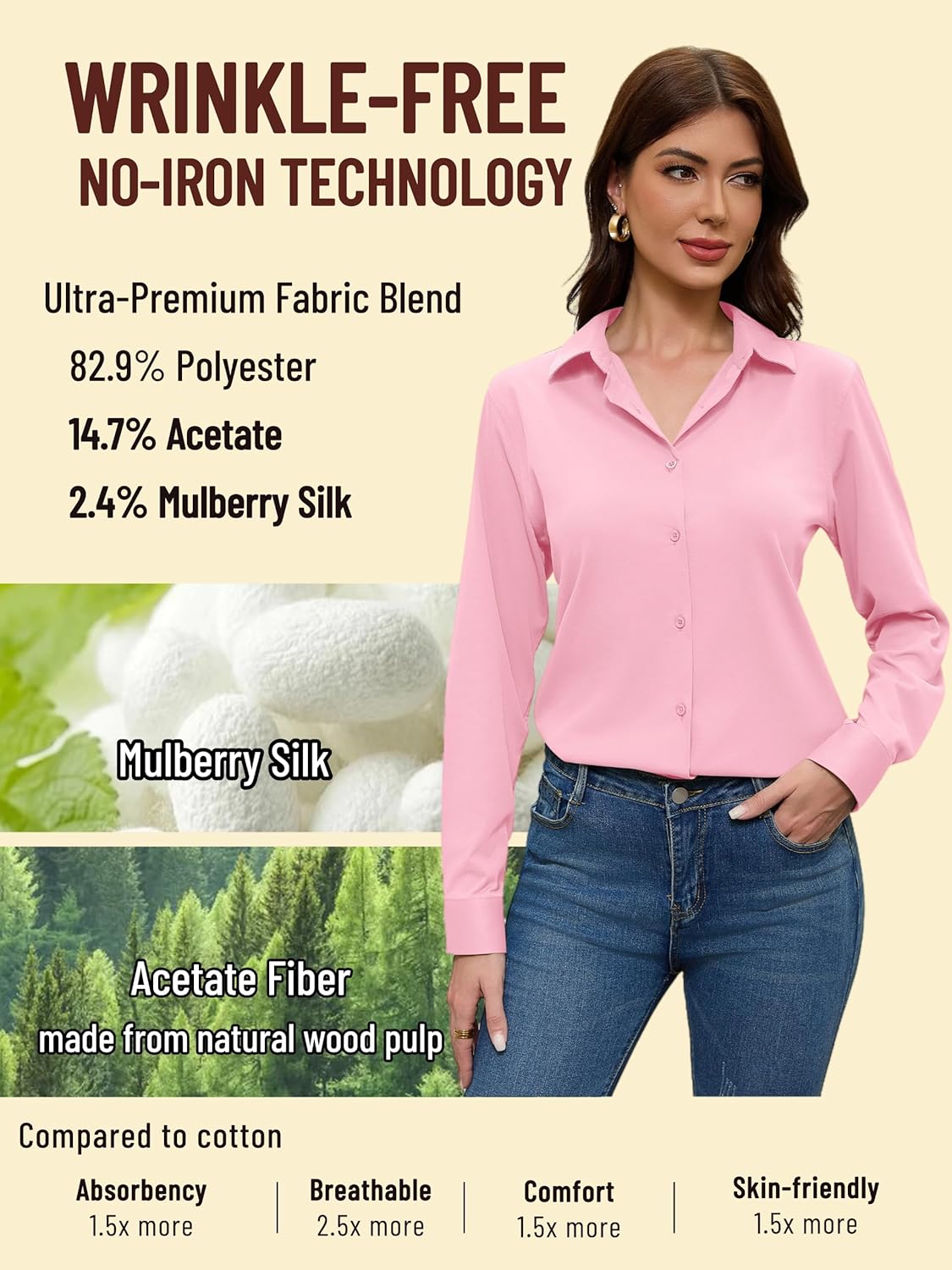 COUXILY Non-Iron & Wrinkle-Free Womens Button Down Shirts with Mulberry Silk Long Sleeve Blouse Casual Work Tops - Image 3