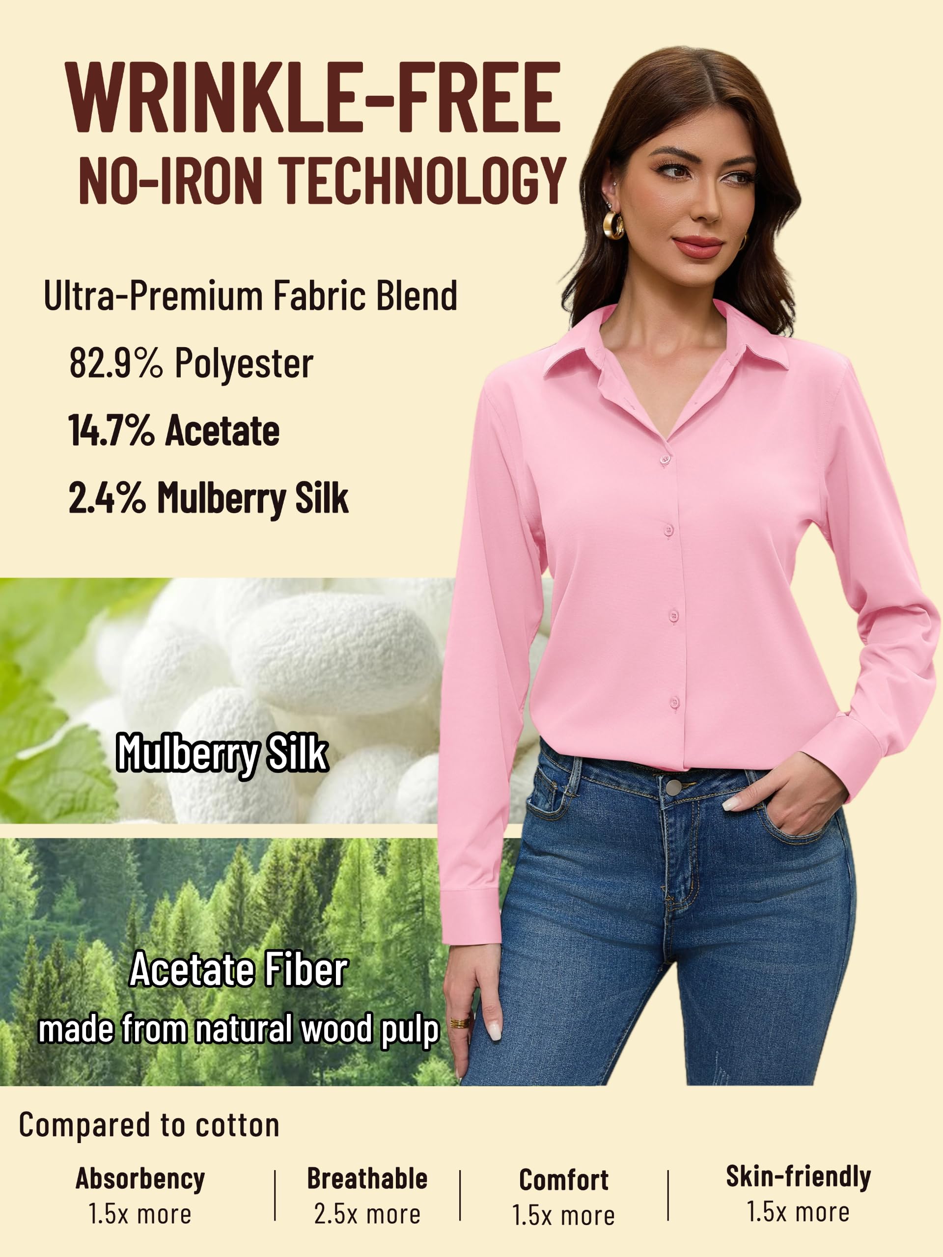 Camicia da Donna con Bottoni, Senza Stiratura, Senza Pieghe, con Seta di gelso, Camicetta a Maniche Lunghe, Maglietta da Lavoro Casual