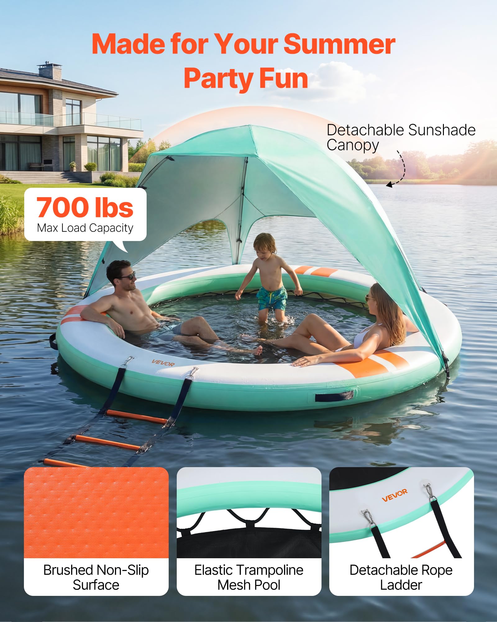 VEVOR Colchoneta para Piscina, Diámetro de 2,44 m, Flotador Inflable Redondo, con Malla Escalera Desmontable Toldo Parasol Bolsa de Transporte, Hamaca Inflable Isla de Agua para Piscina Playa Lago