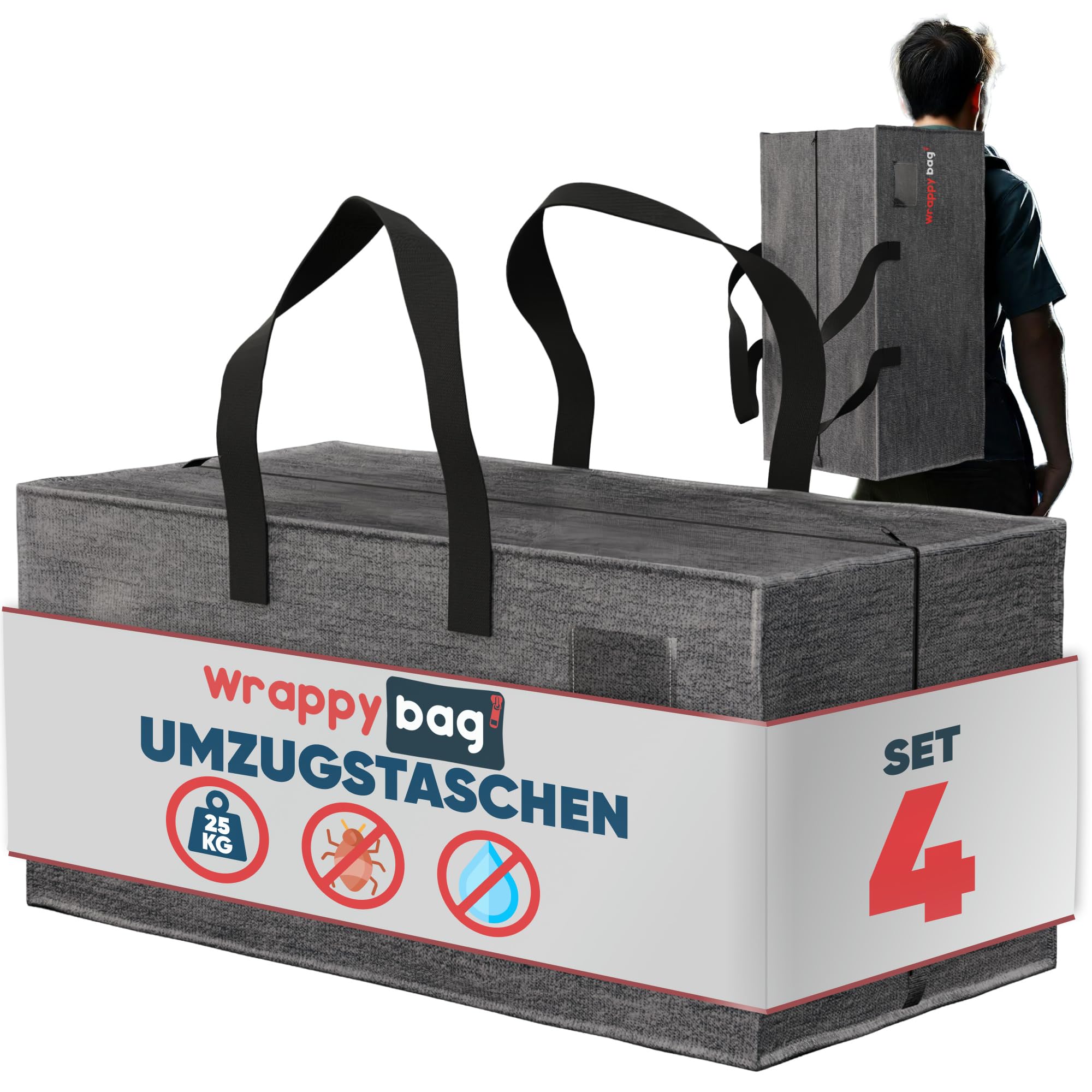WRAPPYBAG 4er-Set Kunststoff Aufbewahrungstasche – Jumbo XXL Tasche Groß – Wasserabweisend, Stabil, mit Verstärkten Rucksackgurten – Ideal für Kleidung und Bettwäsche – 76 x 36 x 38 cm