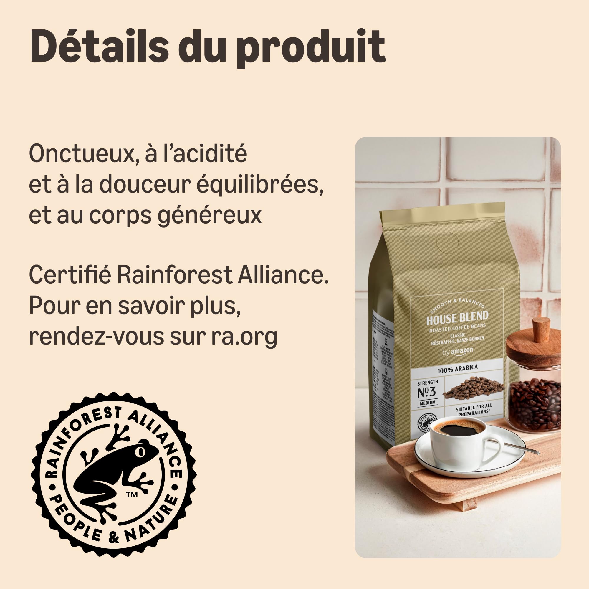 by Amazon House Blend Grains de café, 100% Arabica, Torréfaction Moyennement Poussée, 2kg, 2 lot de 1kg - Certifiés Rainforest Alliance