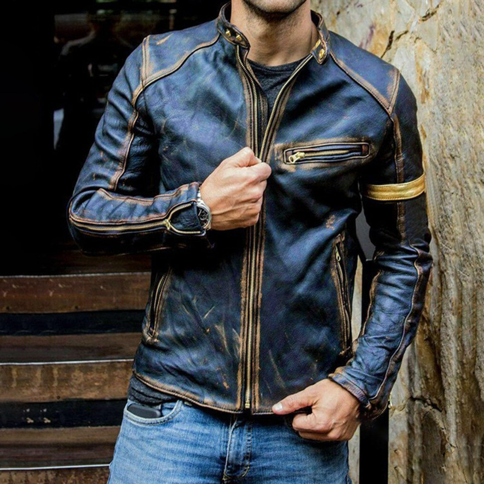 Chaqueta punk rock para hombre, chaqueta de piel para hombre, estilo vintage, con cremallera, bolsillos, chaqueta de entretiempo, chaqueta de otoño, chaqueta impermeable para otoño, abrigos ajustados
