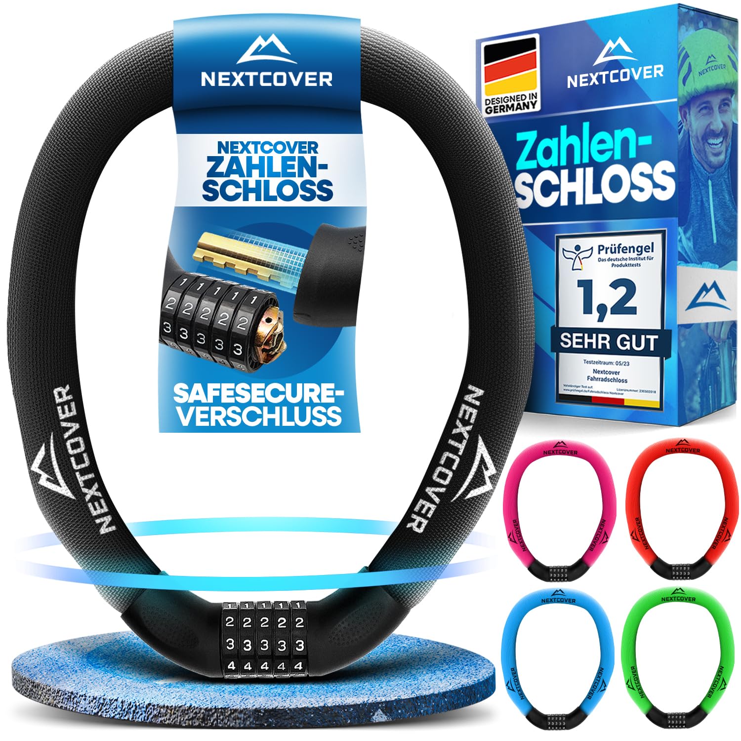 NEXTCOVER® Fahrradschloss mit Zahlencode LockPro - Das Original - [SAFESECURE] hohe Sicherheit I 5- stelliger Zahlencode, Zahlenschloss Fahrrad Stahl I Bike Lock für E-Bike I Kettenschloss