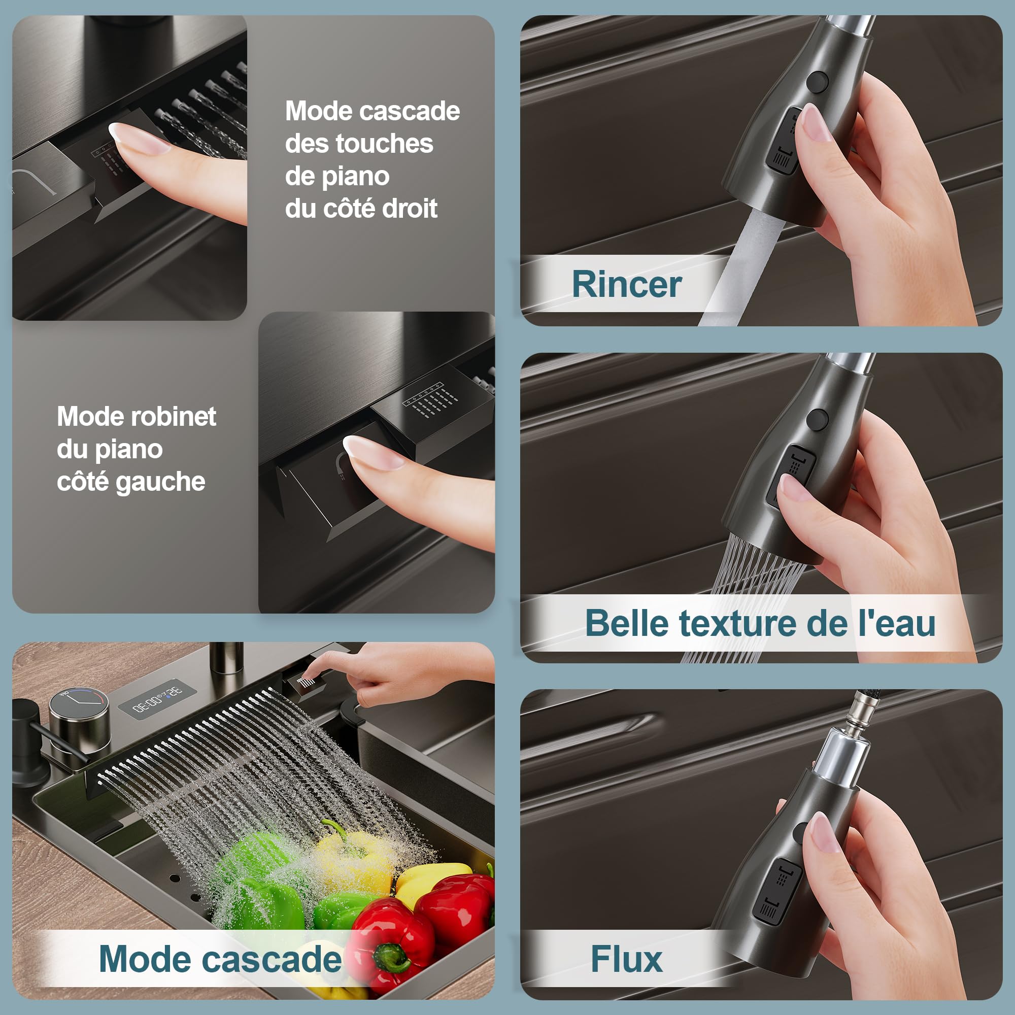 SIRHONA Évier de Cuisine avec Cascade, Évier Multifonction 1 Bac en Inox 75x45 cm, Robinet Rétractable, Avec Affichage de la Température, Noir