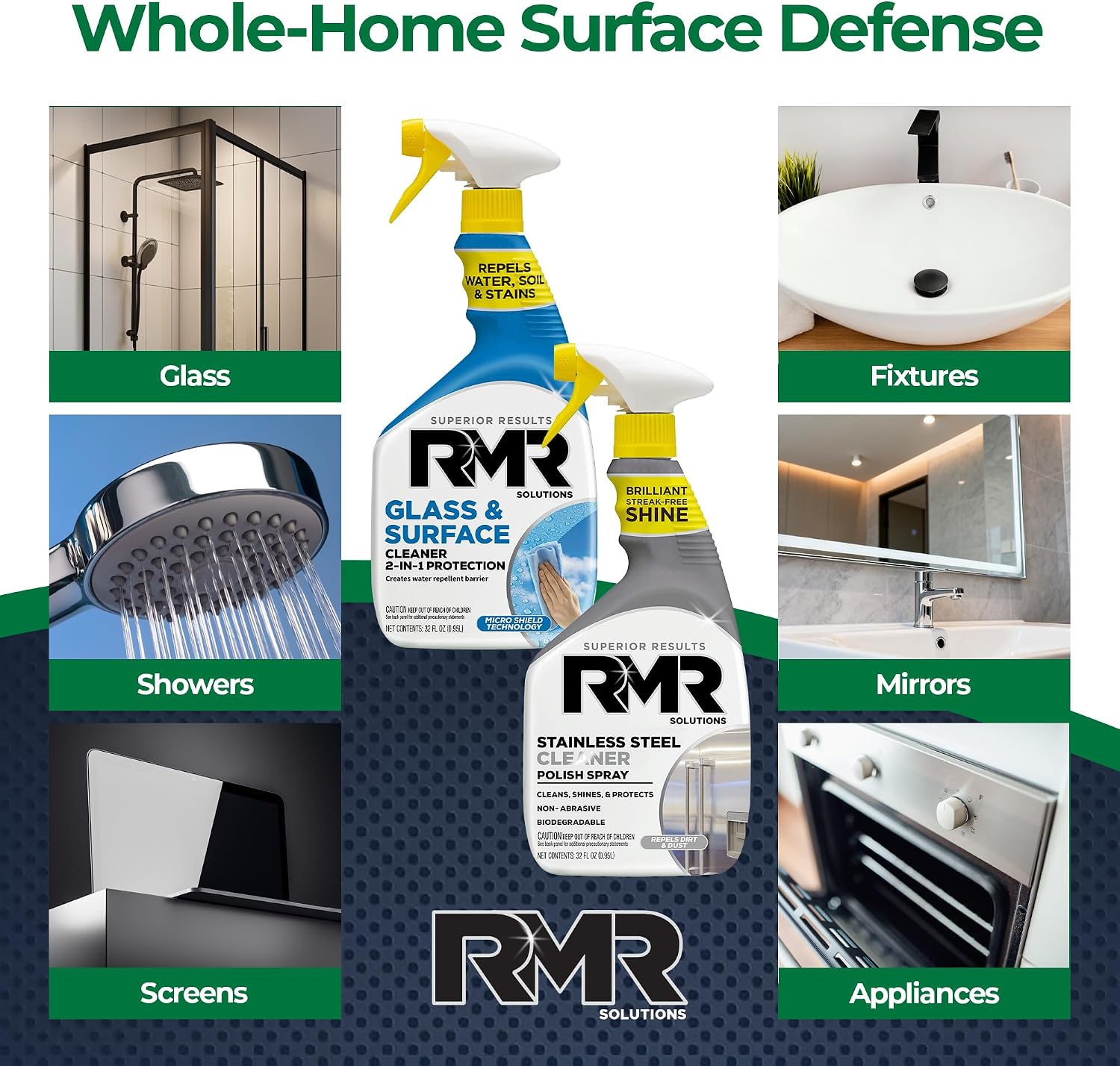 RMR Gleam Team Bundle – Glass & Surface Cleaner + Repellent and Stainless Steel Cleaner Polish, 2-Step Cleaning System for Windows, Shower Doors, Appliances, Faucets & Mirrors, 2–32 Oz Bottles image 4
