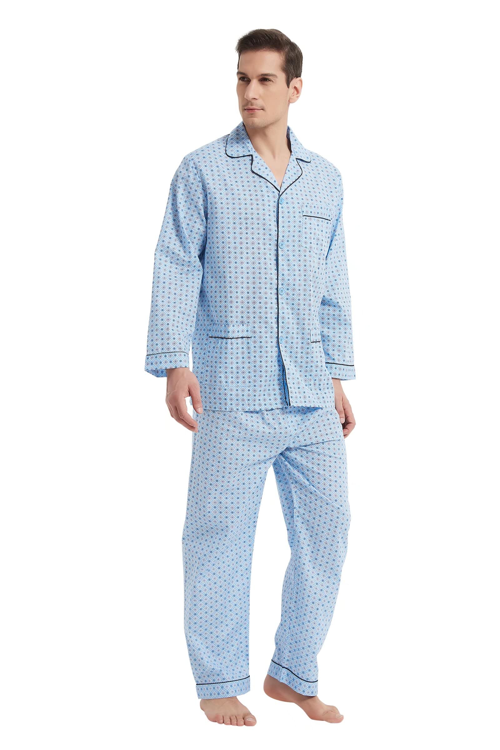 GLOBAL Pijama Hombre 100% Algodón Ropa de Dormir Manga Larga con Botones Cordón Transpirable Conjunto de Pijama Hombre Ropa de Estar por Arriba y Abajo S-3XL