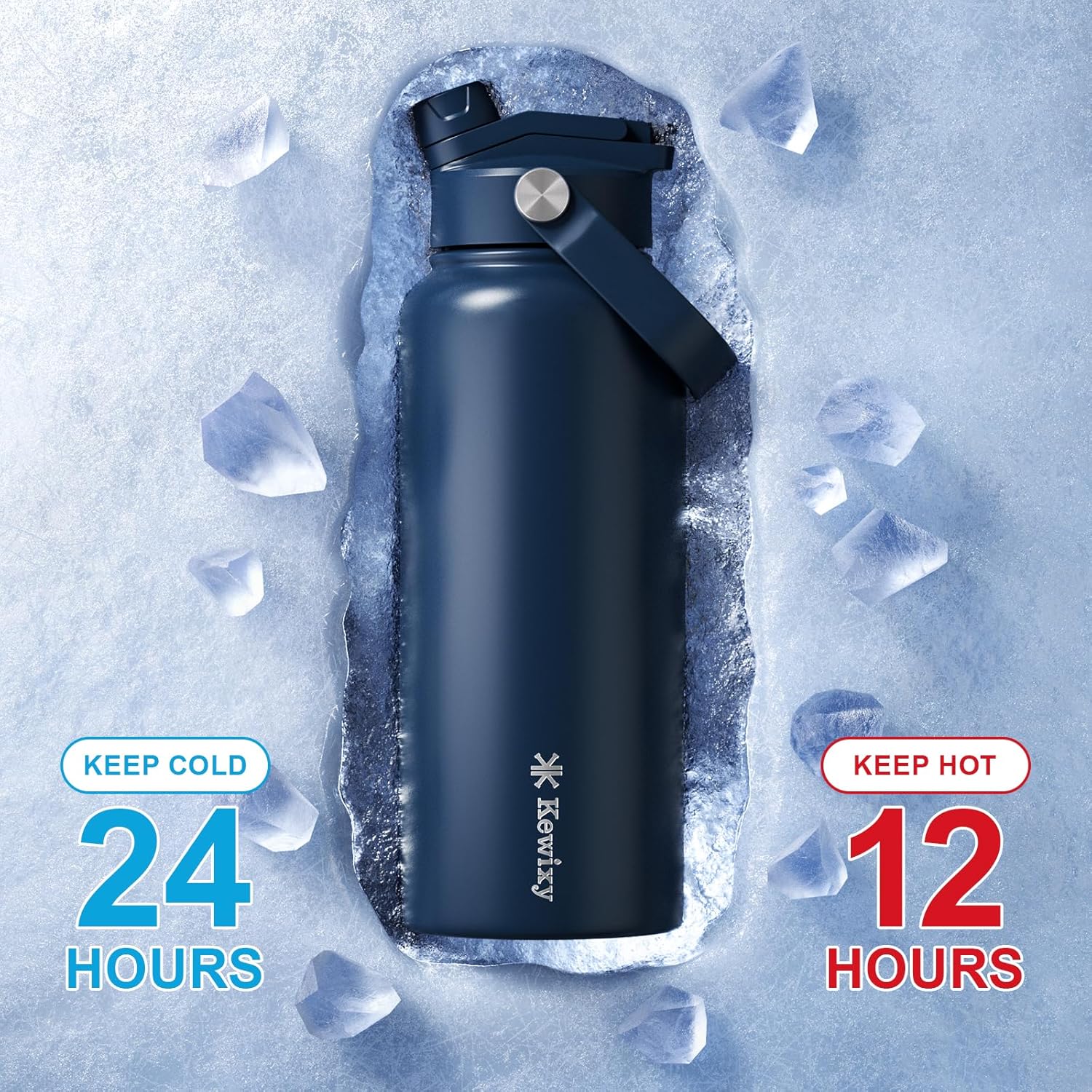 32 oz Insulated Water Bottle, 2-in-1 Lid, Straw & Spout with Protected, Leak Proof, Keep Cold, Stainless Steel, Metal, Reusable, Handle, for Outdoor, Gym and School, 2 Lids, Denim Blue - Image 5