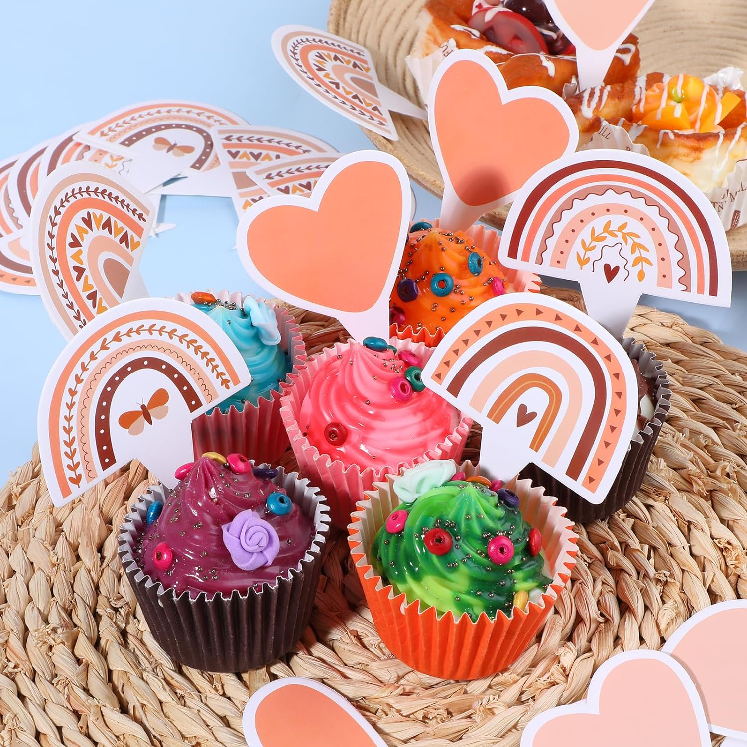 48 Pcs Boho Rainbow Cupcake Toppers - Boho Rainbow Birthday Party Decorations