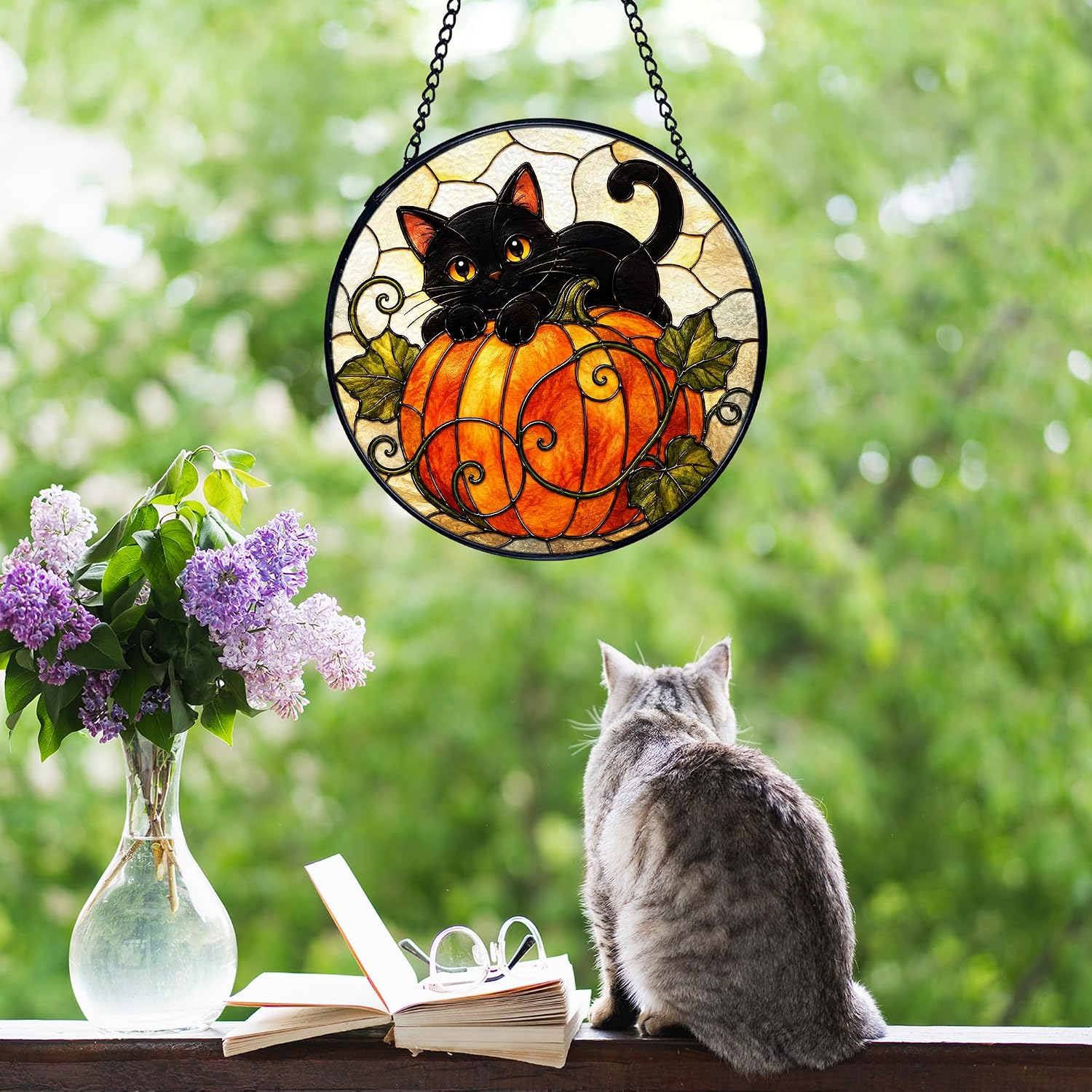 Black Cat Pumpkin Stained Glass, Fall Suncatcher 7.8x7.8in | Rustic Autumn Black Cat Pumpkin Stained Glass Window Hanging Round Wall Art, Cottagecore Autumn Round Wall Decorations