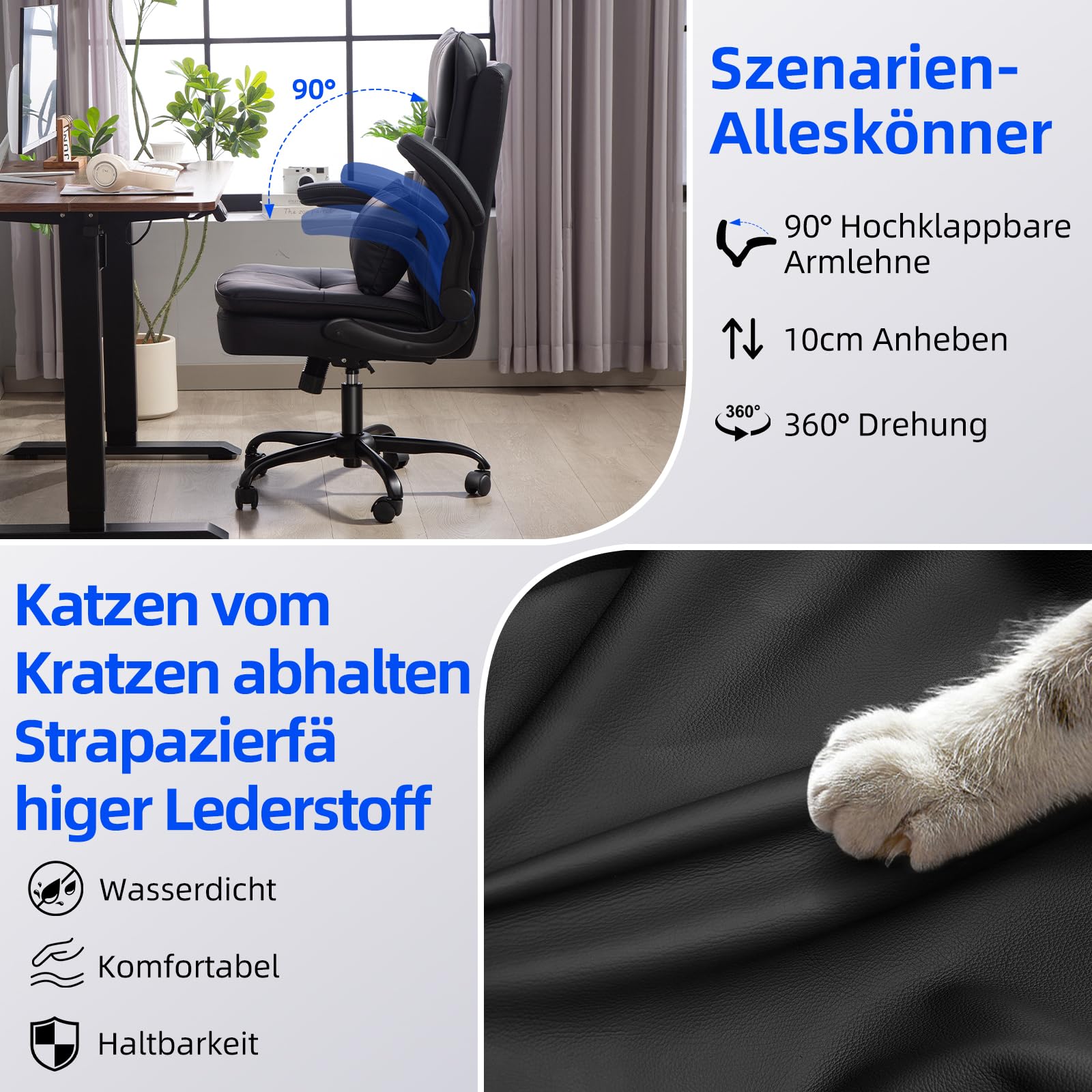 Bürostuhl Ergonomisch [TESTSIEGER] Schreibtischstuhl | Kratzfeste Leder | Hochklappbare Armlehne & Hohe Rückenlehne | Höhenverstellbar & Wippfunktion | Chefsessel 150 kg, Schwarz