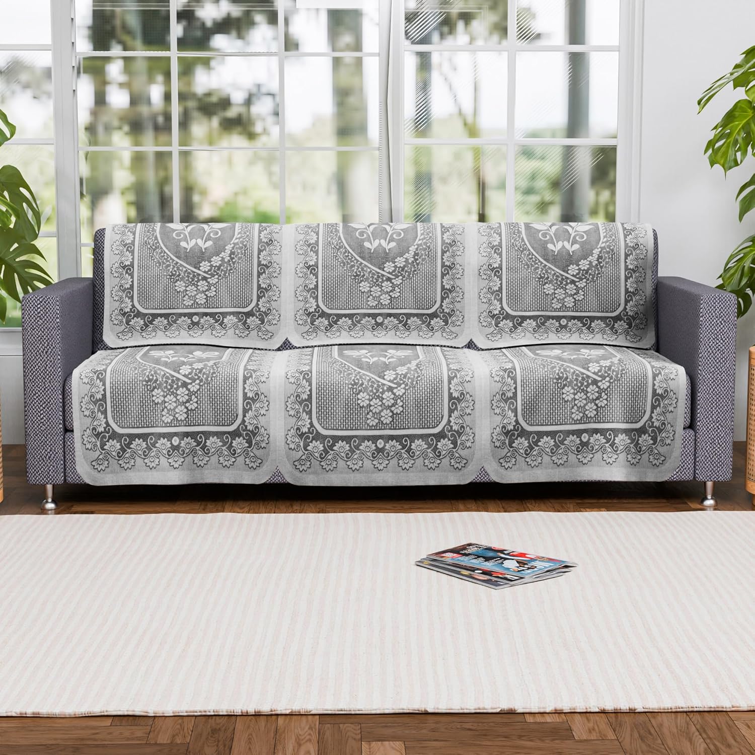 Kuber Industries (Set of 6) Stylish & Durable Cotton Sofa Cover 3 Seater | Aesthetic Sofa Protector/Mat | Suitable Slipcover for Living Room & Office | Flower S19 Design- Cream