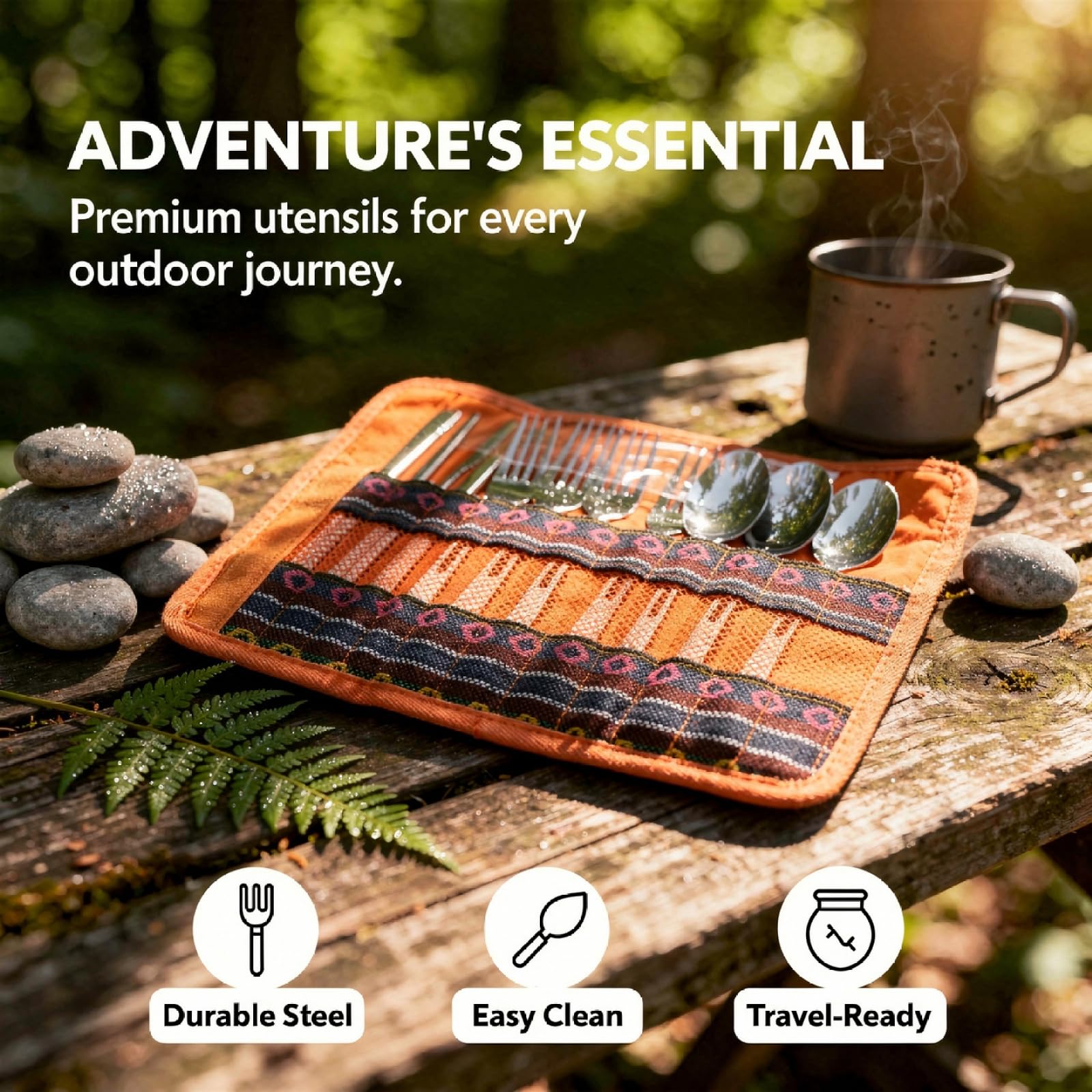 4er Outdoor-Besteckset aus 430 Edelstahl, tragbares Campingbesteck, Faltbarer Travel-Picnic-Beutel im Ethno-Look, 90 x 245 mm, für BBQ, Picknick und Wandern, inkl. Gabeln, Löffeln, Essstäbchen