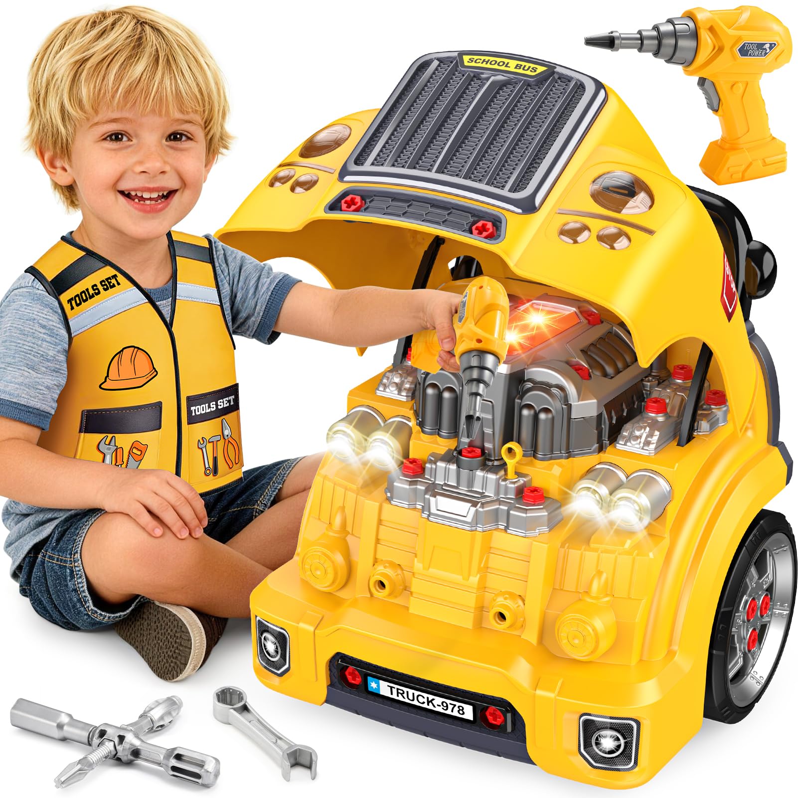 Naxudcoo Truck Engine Toy for Kids, Take Apart Toy with Steering Wheel, Lights & Sounds, Educational Car Toys For 3-6 Year Old Kids, Construction Vehicle Workshop, Gifts For 3-5 Year Old Boys Girls