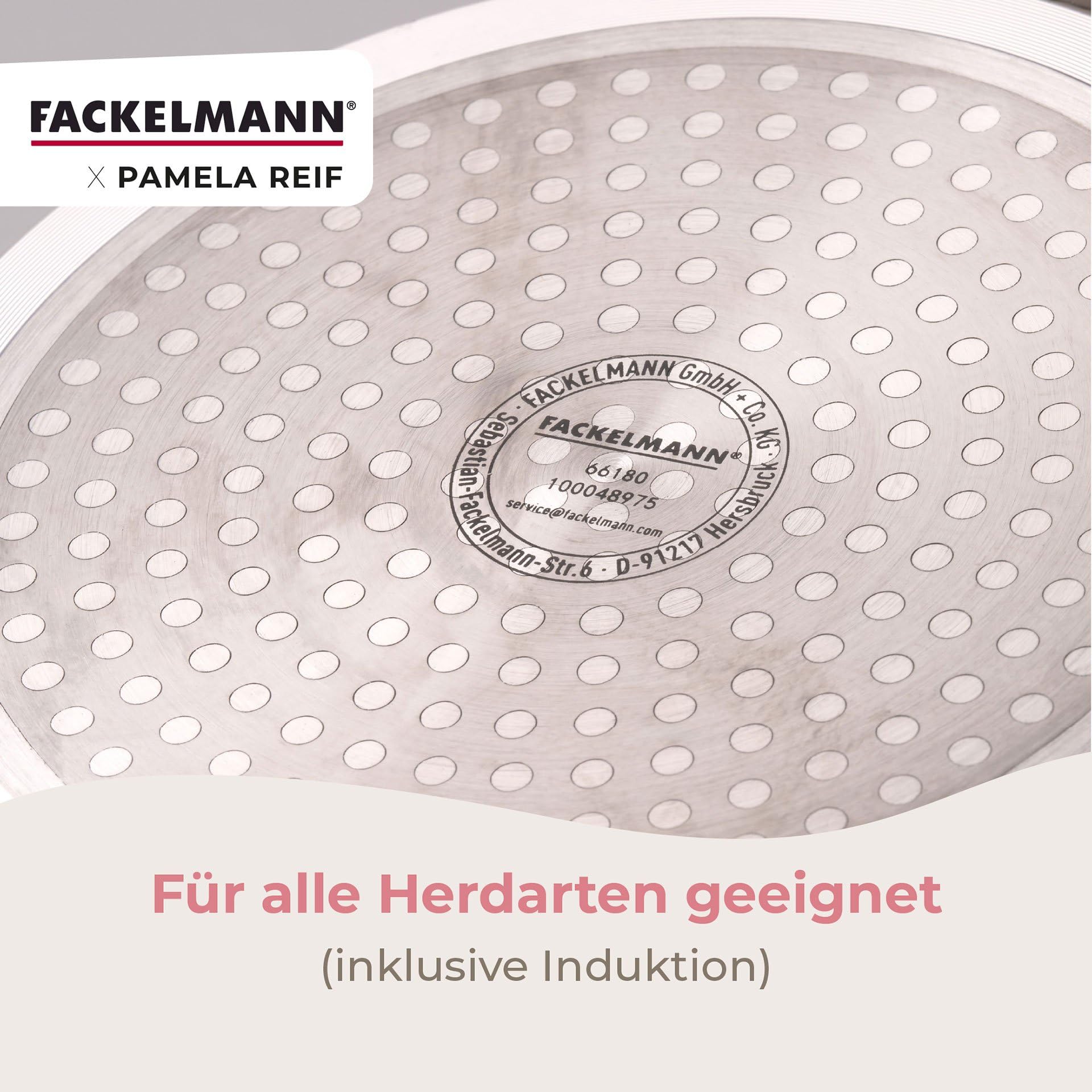 FACKELMANN x Pamela Reif Bratpfannen-Set 3-tlg Ø 20/24/28 cm – recyceltes Aluminium, Pastell-Beige, PFAS-freie Keramikbeschichtung, modernes Rillen-Design, für alle Herdarten
