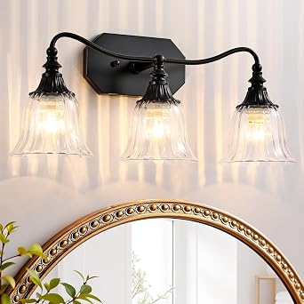 LmnLvn 3-Light Bathroom Vanity Light, Matte Black with Crystal Glass Shade