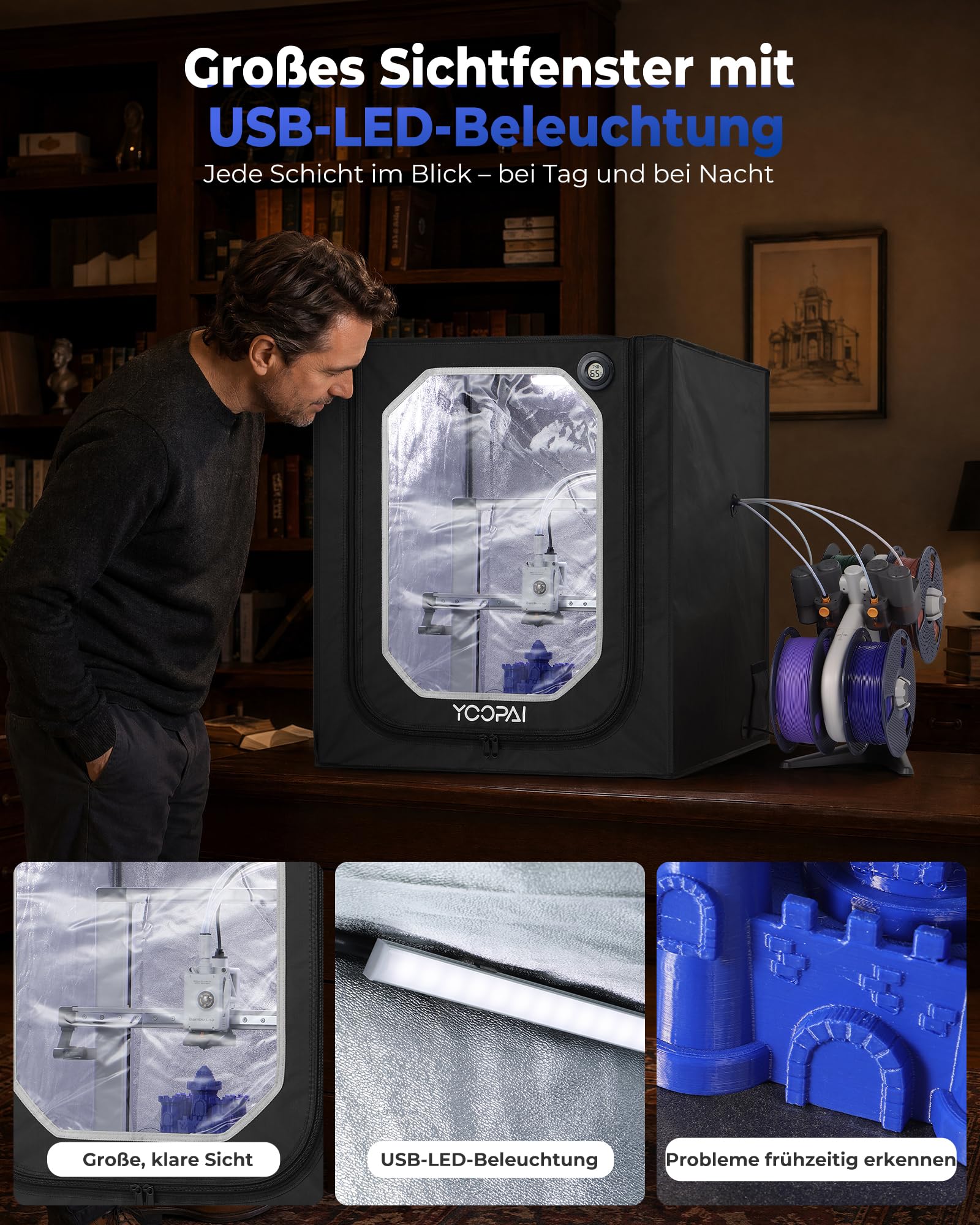 YOOPAI 3D Drucker Gehäuse für Bambu Lab A1/A1 Combo mit LED Licht