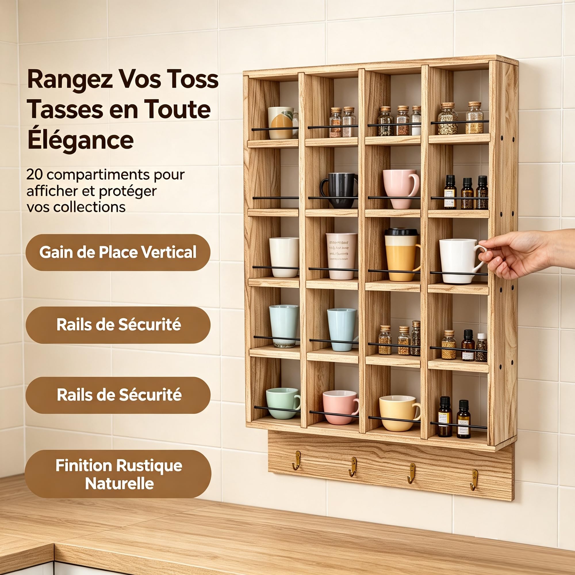 bimiti Porte-Mugs en Bois Rustique, Étagère à Tasses à Café Murale