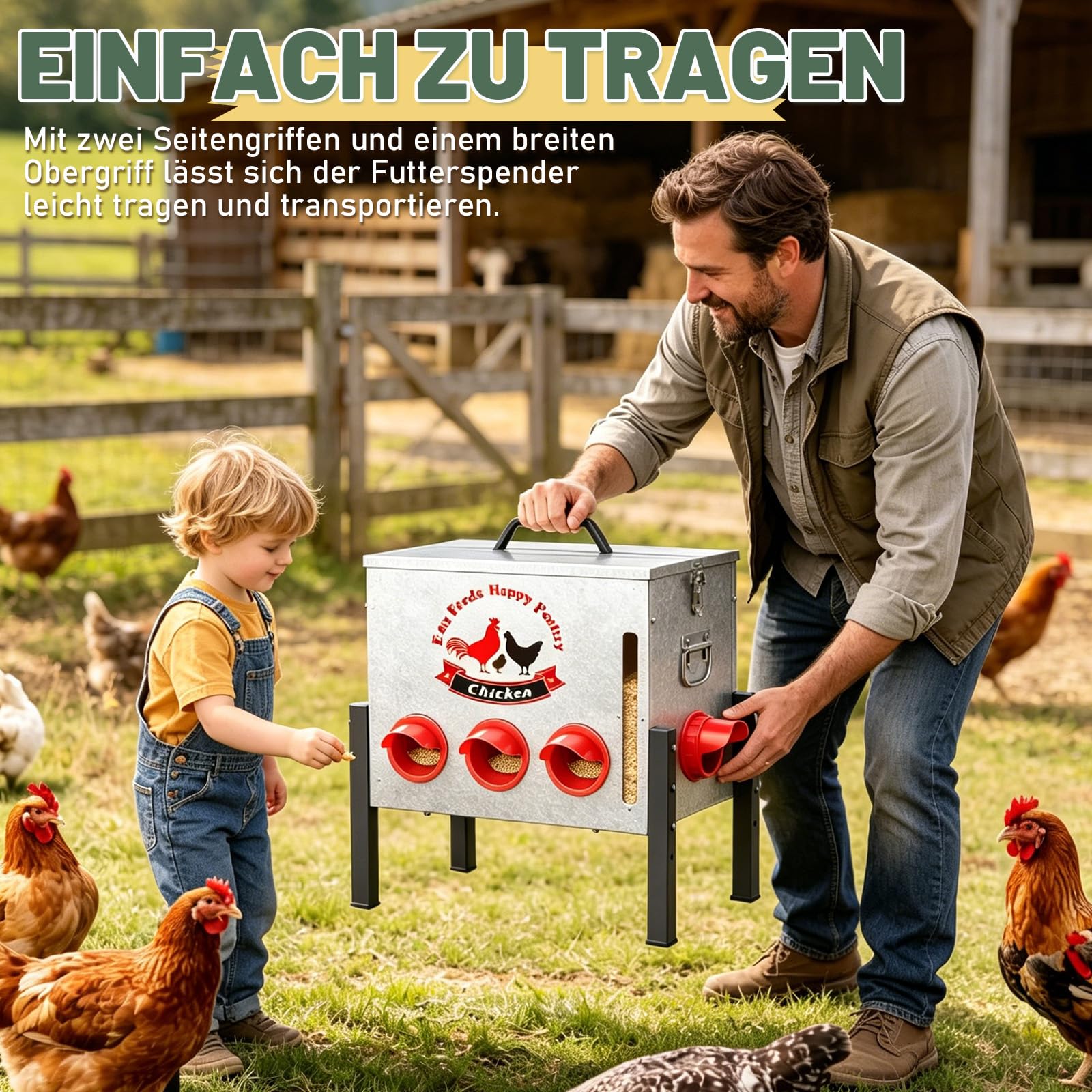 25 kg Futterautomat für Hühner, Hühnerfutter Automat mit 8 Fütterungsöffnungen, Fenster, Höhenverstellbar, Rattenfest Futterspeicher für Hühner, Enten, Gänse, Zubehör für Hühnerstall
