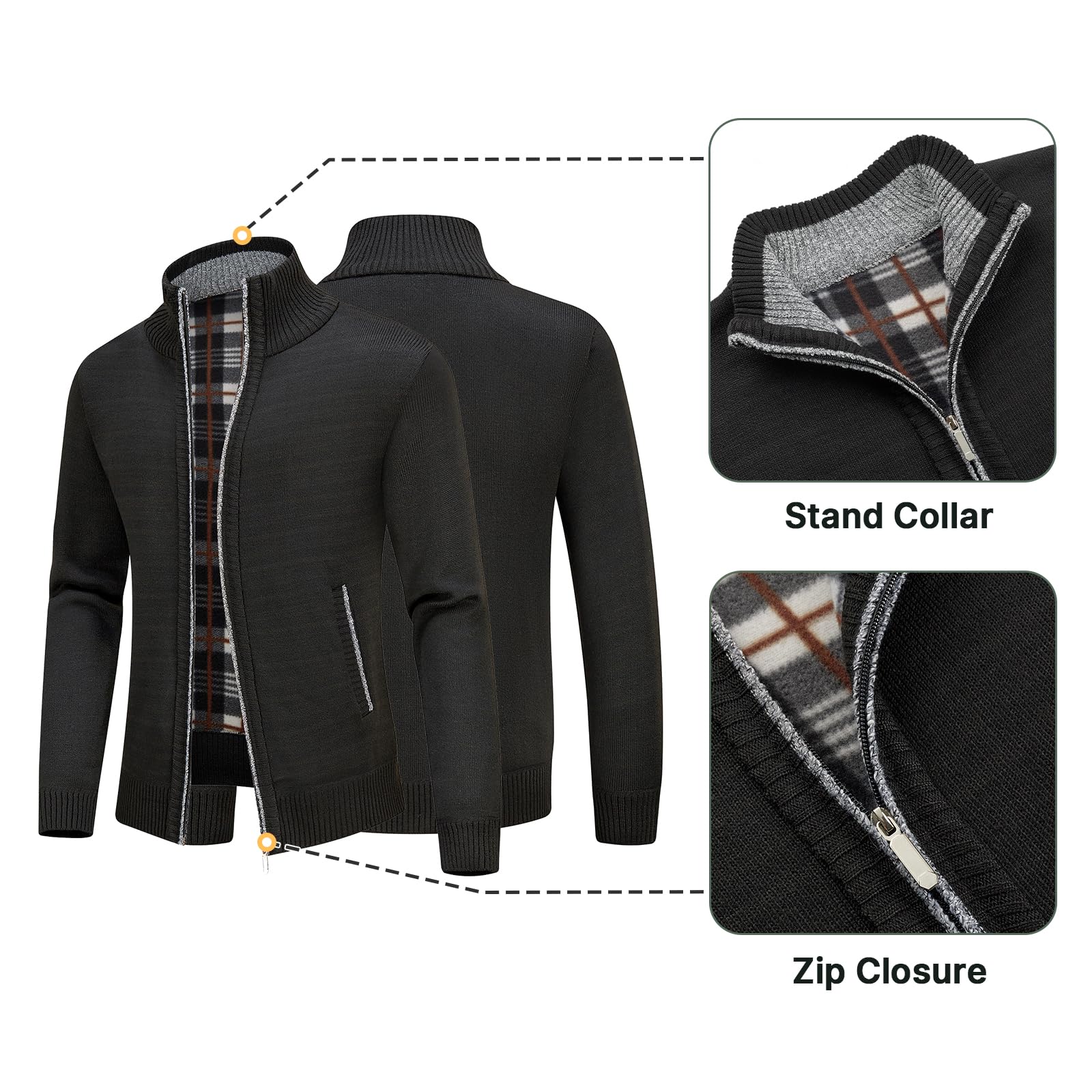 KUDORO Cardigan Gilet Homme Pull Homme Cardigan en Tricot Chandail Homme Zippé Chaud Cardigan Épais avec Col Montant Tricot Décontractée Polaire Men Sweater Mode Vest