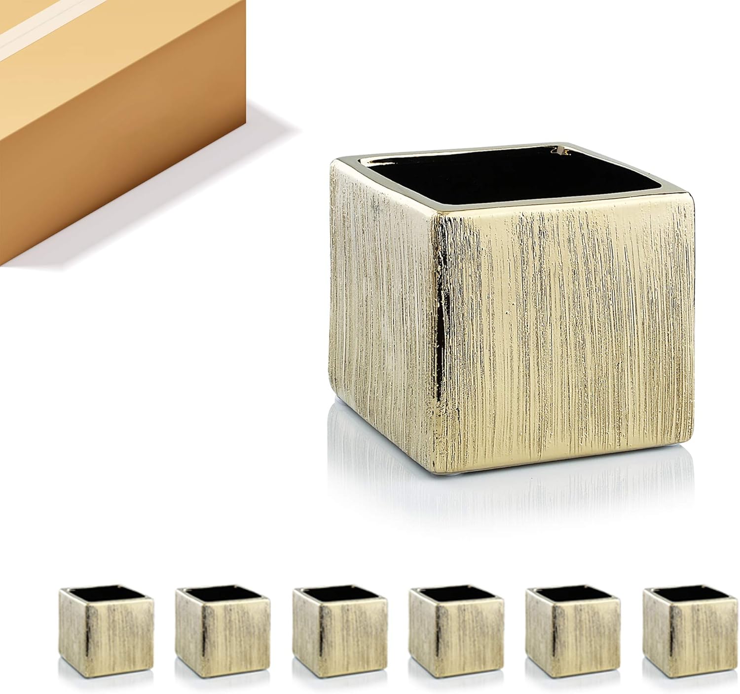 WGV Ceramic Cube Vase Bulk Width 5.5" Height 5" (Fits 5" Pot) Elegant Modern Block Square Floral Planter Terrarium Container Table Dresser for Event Accent Home Office Decor Gold Textured 6 Pieces