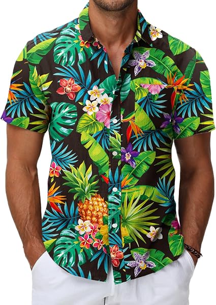 HMIYA Herren Hawaii Hemd Männer 100% Baumwolle Unisex Kurzarm Vordertasche Button Down Sommer Freizeit Urlaub Strand
 – Amazon Angebot
