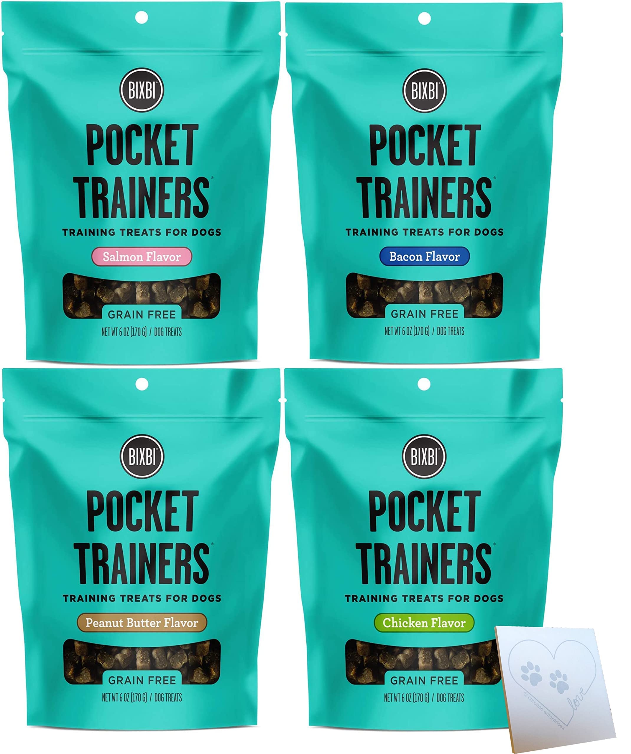 Variety Pack for Bixbi-Pocket Trainers Soft & Moist Dog Training Treats - Four Total Flavors: Bacon, Salmon, Peanut Butter, and Chicken + Pet Paws