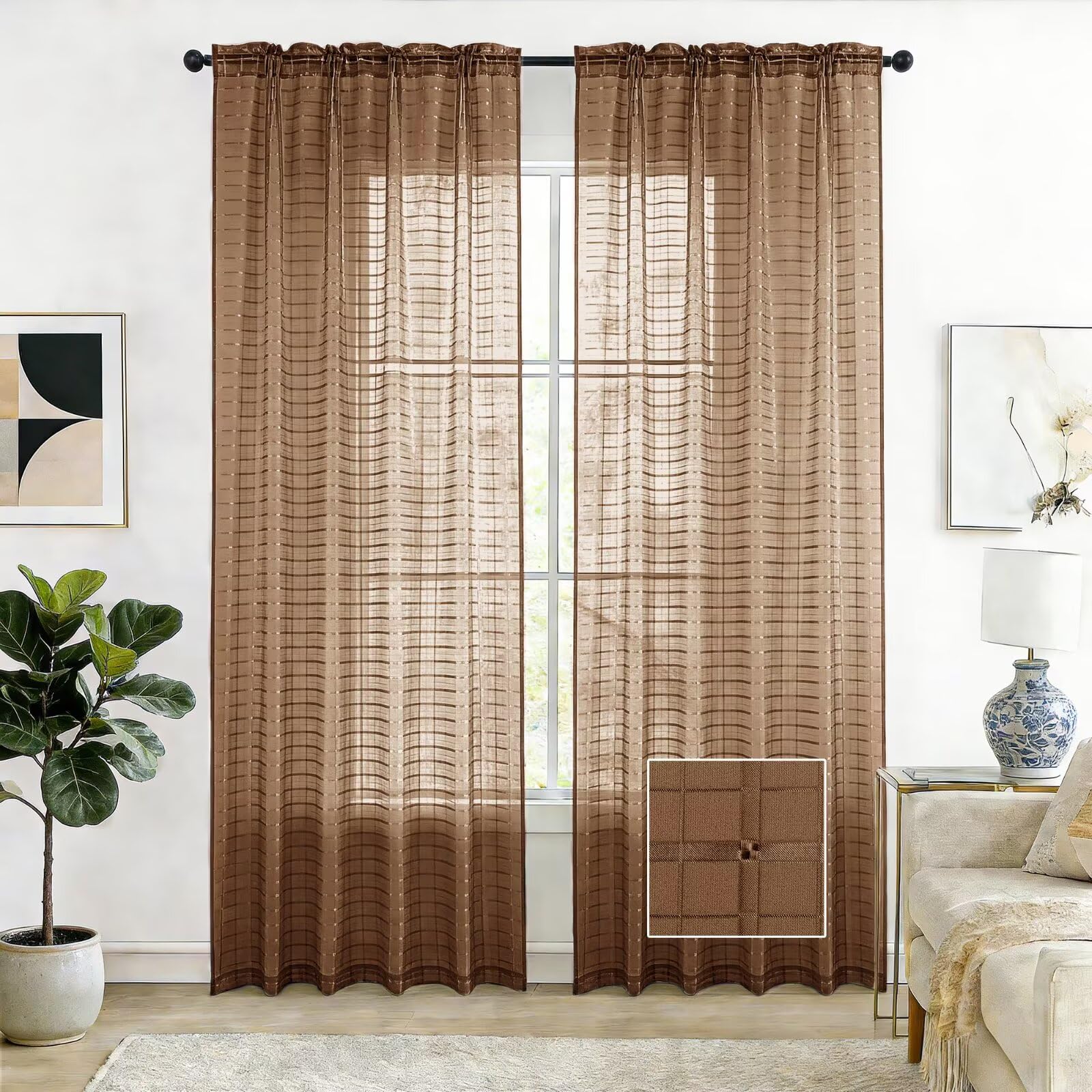 SpaceDresser Check Sheer Curtains 84 Inches Long for Living Room, Rod Pocket Plaid Semi Sheer Drapes for Kitchen Bedroom(Brown, 52W x 84L) — image 1