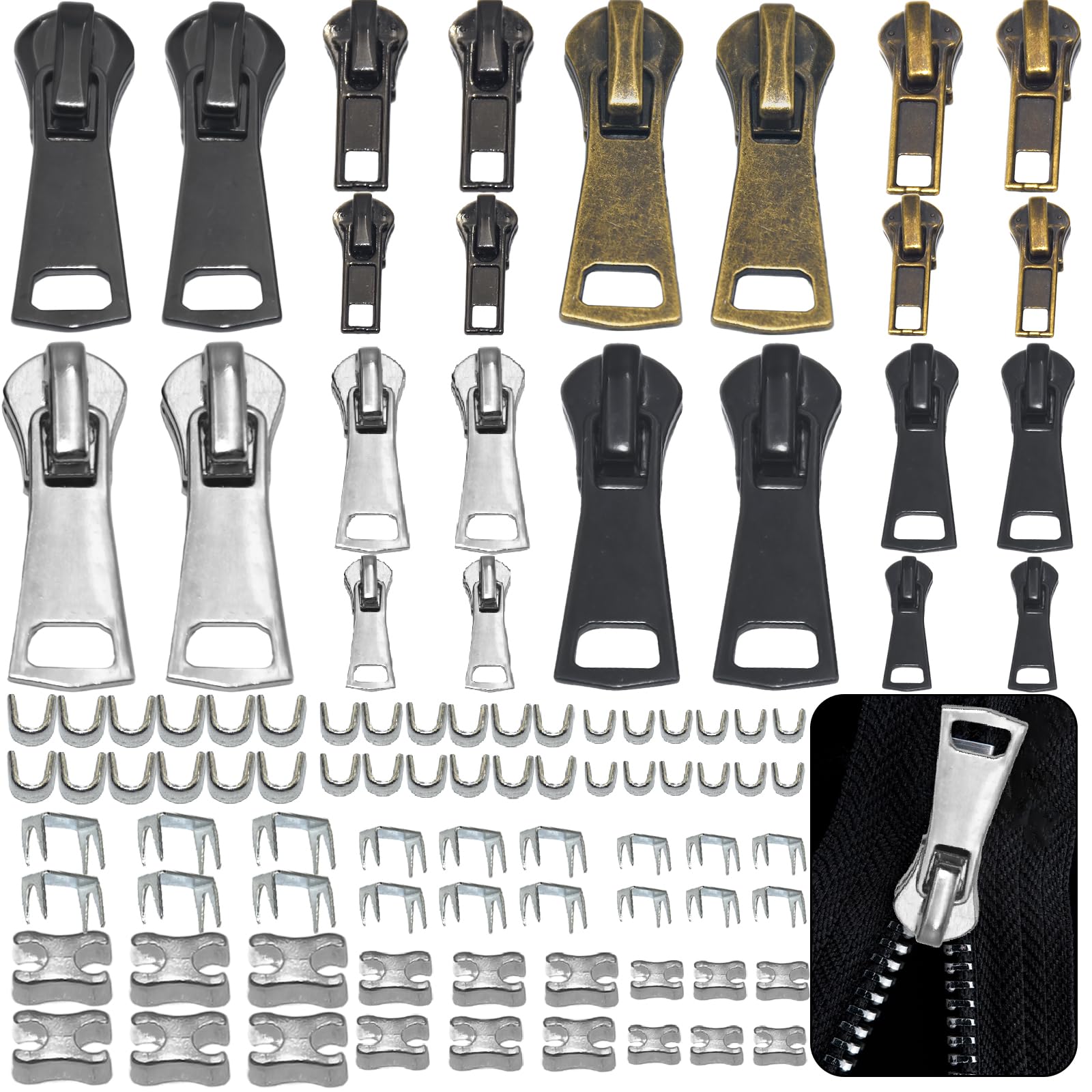 PXBSNB 96 PCS Zip Repair Kit, Universal Zipper Repair Kit, Zipper Pull Replacement with Top Stoppers Bottom Stoppers, Metal Zips Replacement Pulls for Jackets Jeans Coat Bags Tents (3 Sizes: #3/5/8)