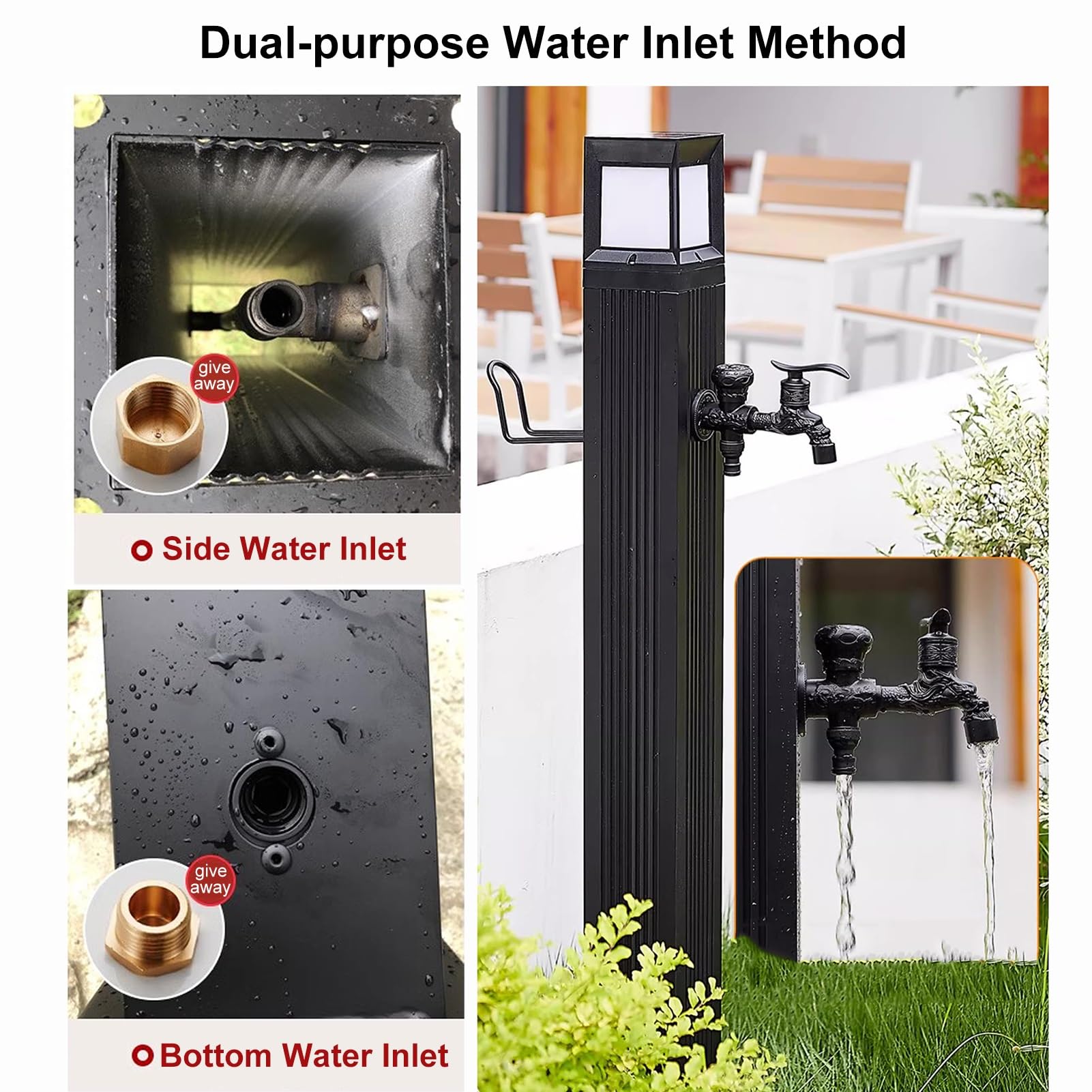 Fontanelle da Giardino con Luce LED Solare, Colonna D'acqua Rubinetti da Esterno Ottone Fontana da Giardino Esterno Metallo (Color : With faucet, Size : 73cm)