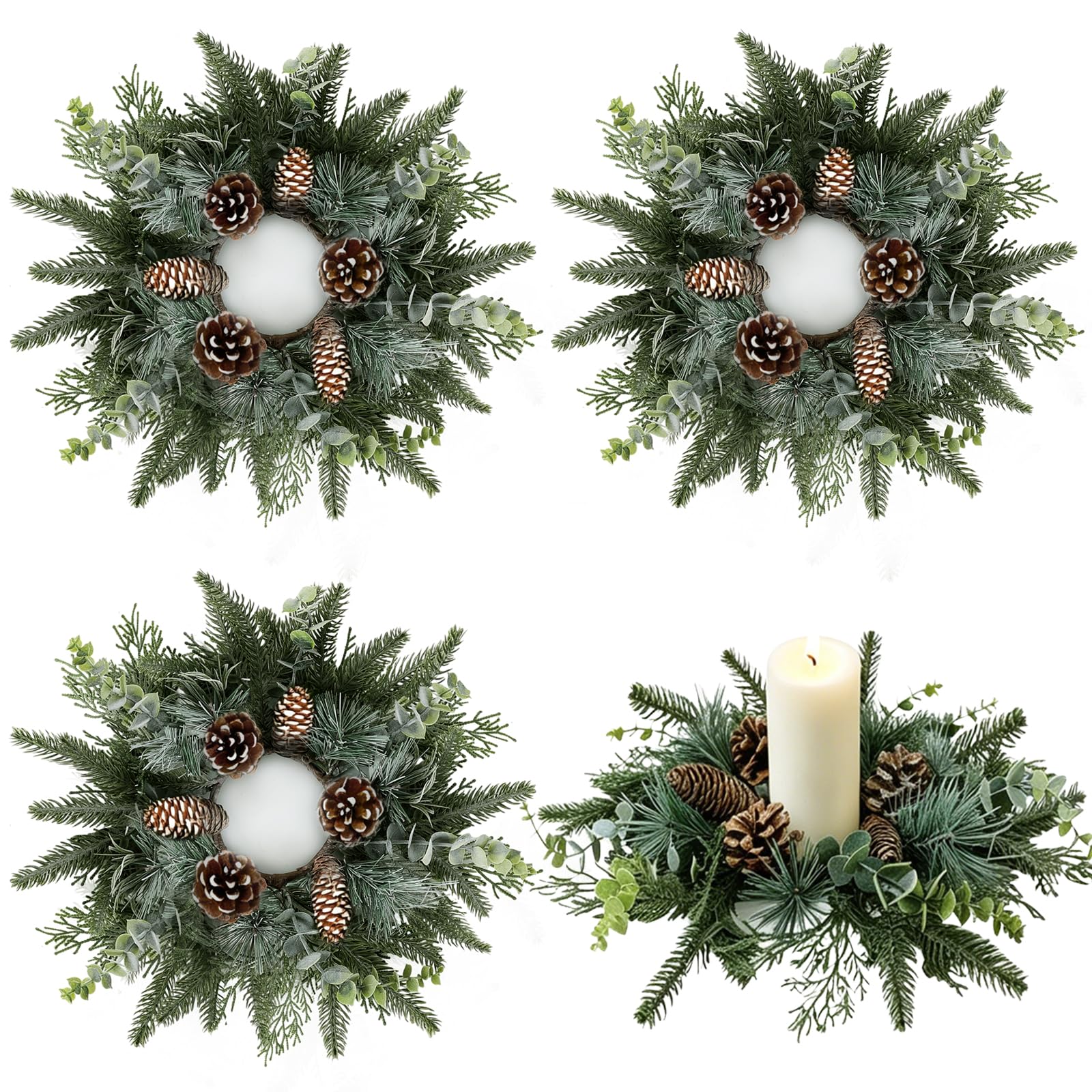 4 PCS Christmas Candle Rings Wreaths Norfolk Snowy Pine Needles Garland Pinecones Wreaths Artificial Cedar Candle Rings Holder for Christmas Wedding Home Table Centerpiece Door Window Chair Wall